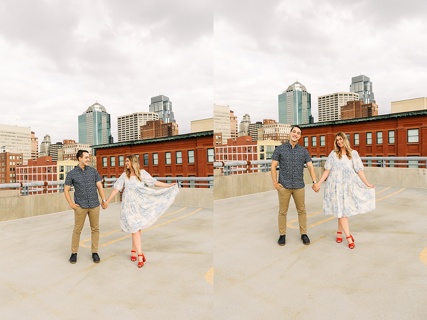 girl waves long dress on rooftop during engagement session with engaged fiancé 