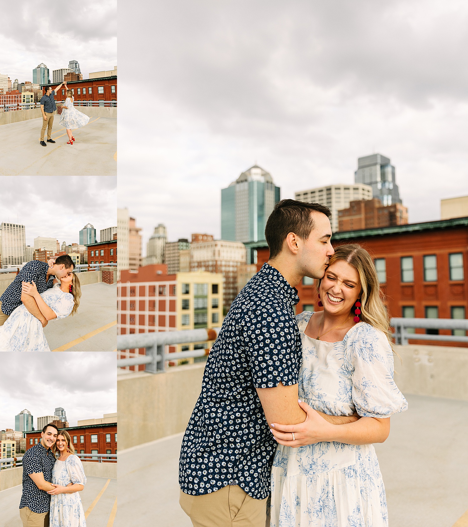 fiance twirls newly engaged woman on rooftop with Kansas City photographer 