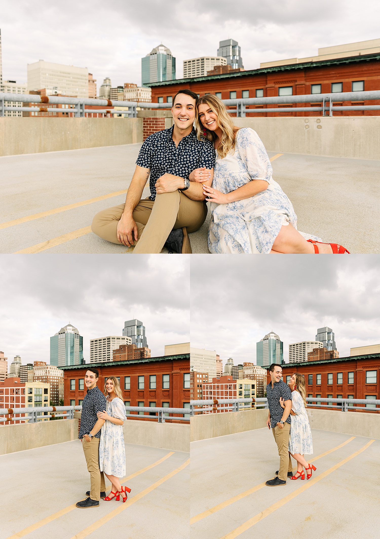 couple sits on rooftop and shows off engagement ring with Kansas City photographer 