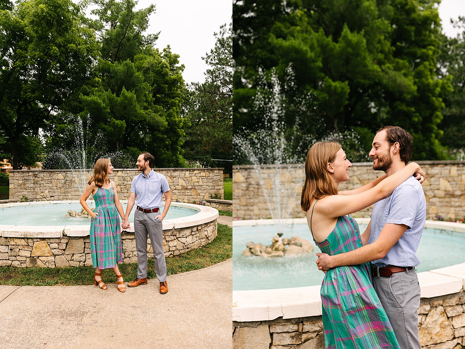 engaged couple have arms wrapped around one another standing in front of fountain 