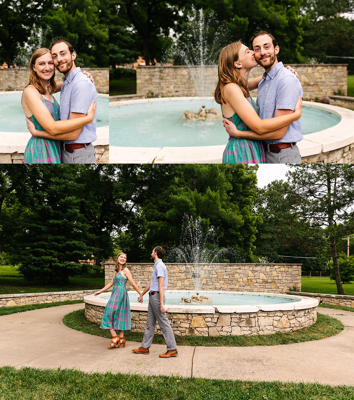 Antioch park engagement couple smiling at one another walking in front of fountain 