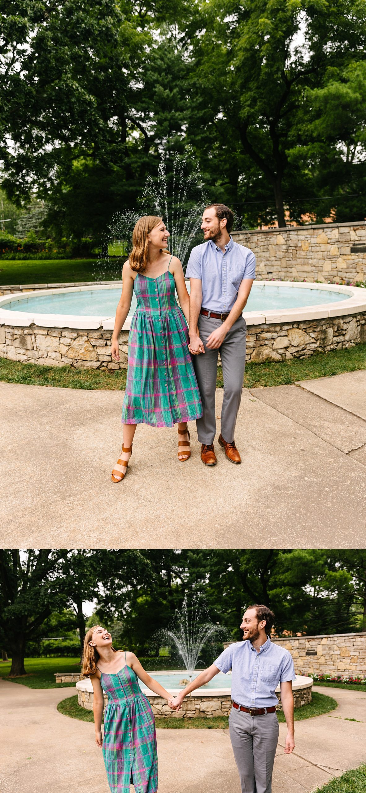 engaged couple laughing with one another wearing a vintage dress and heals in front of fountain 