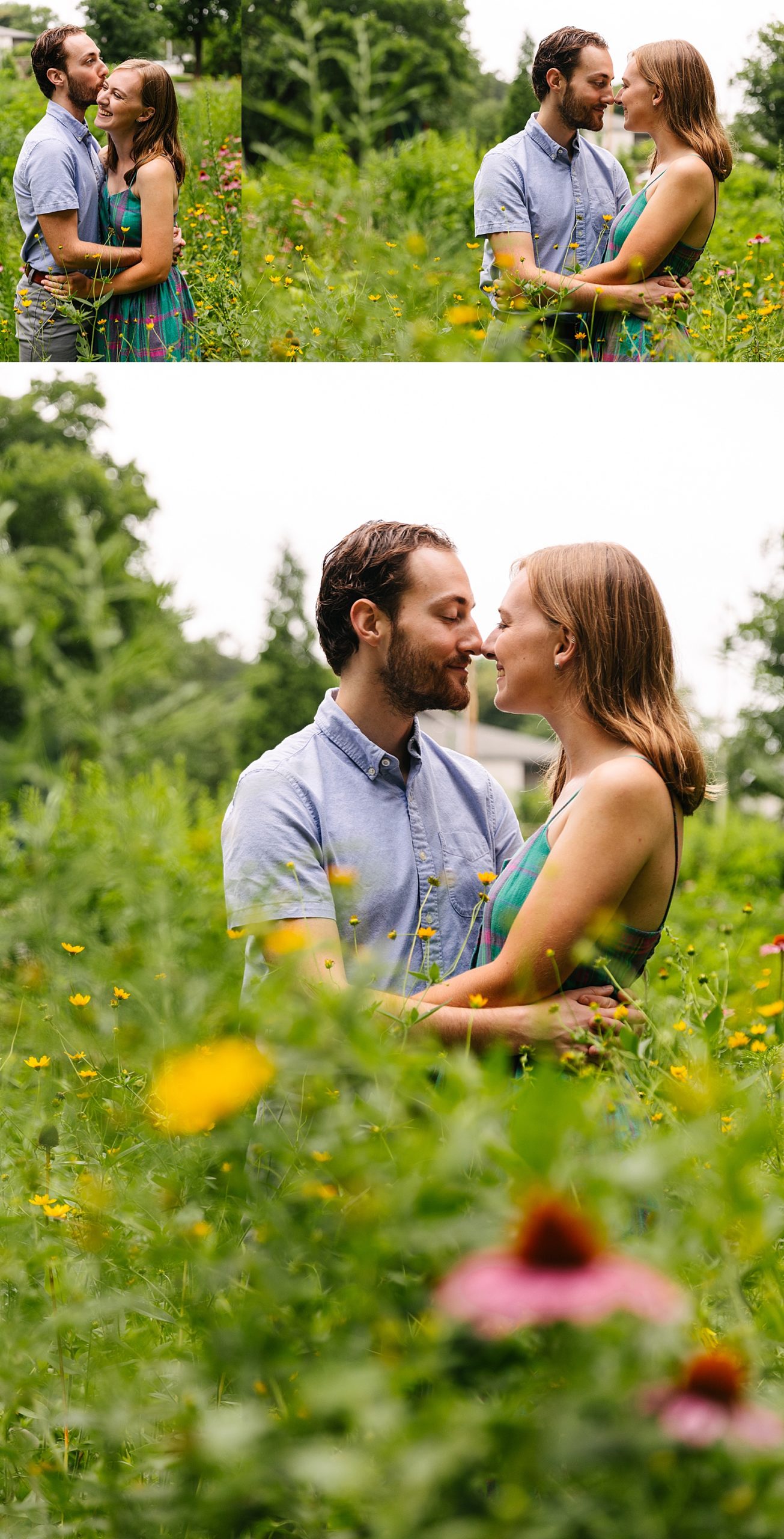 engaged couple standing in floral field forehead to forehead smiling at one another