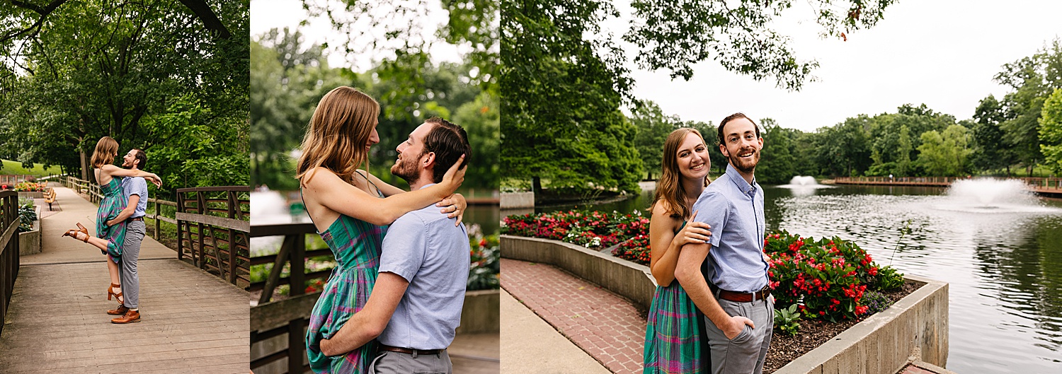 Antioch park engagement couple standing on bridge wearing vintage dress and heals