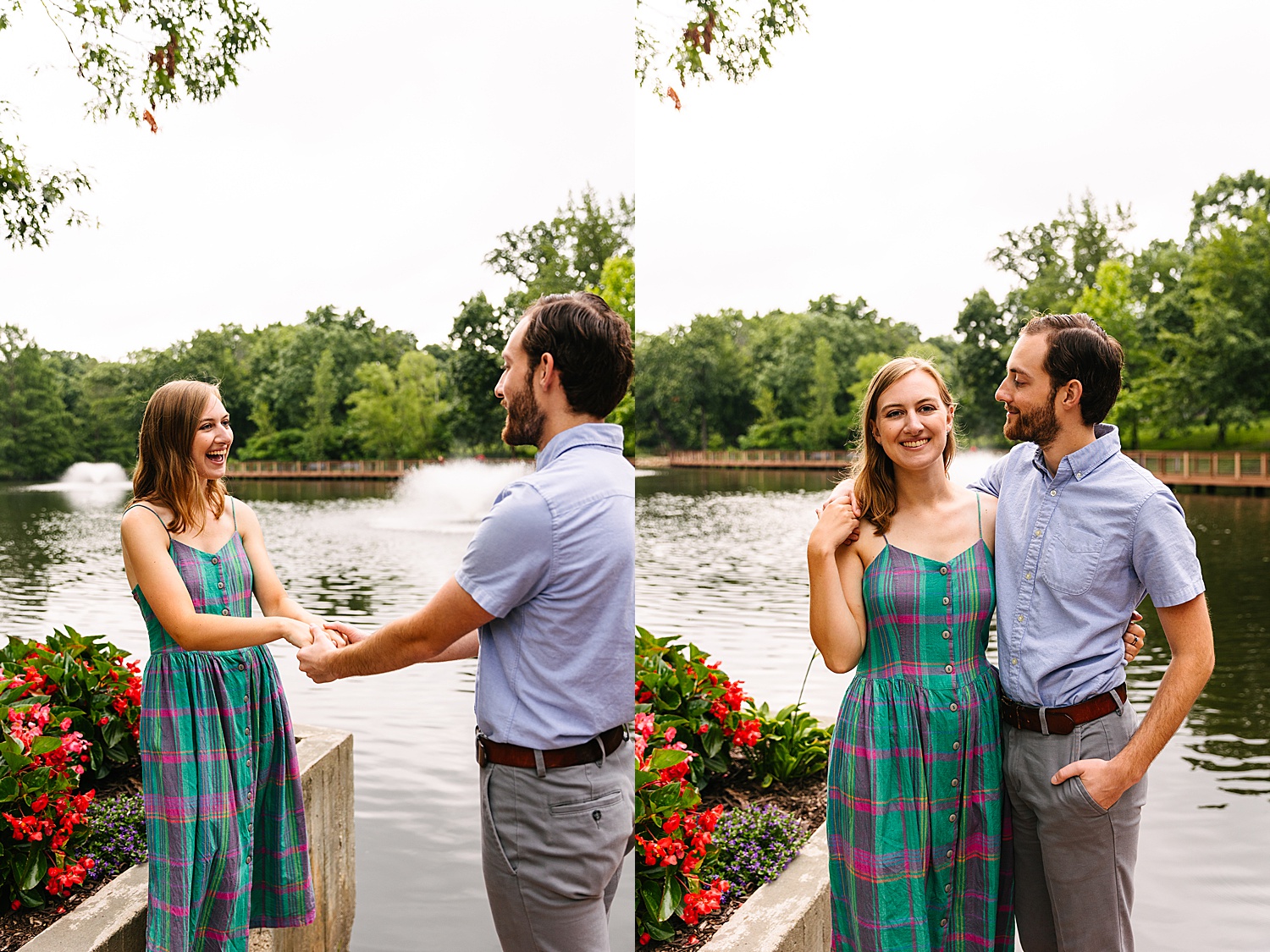 engaged couple laughing together at pond wearing vintage dress with Kansas City photographer 