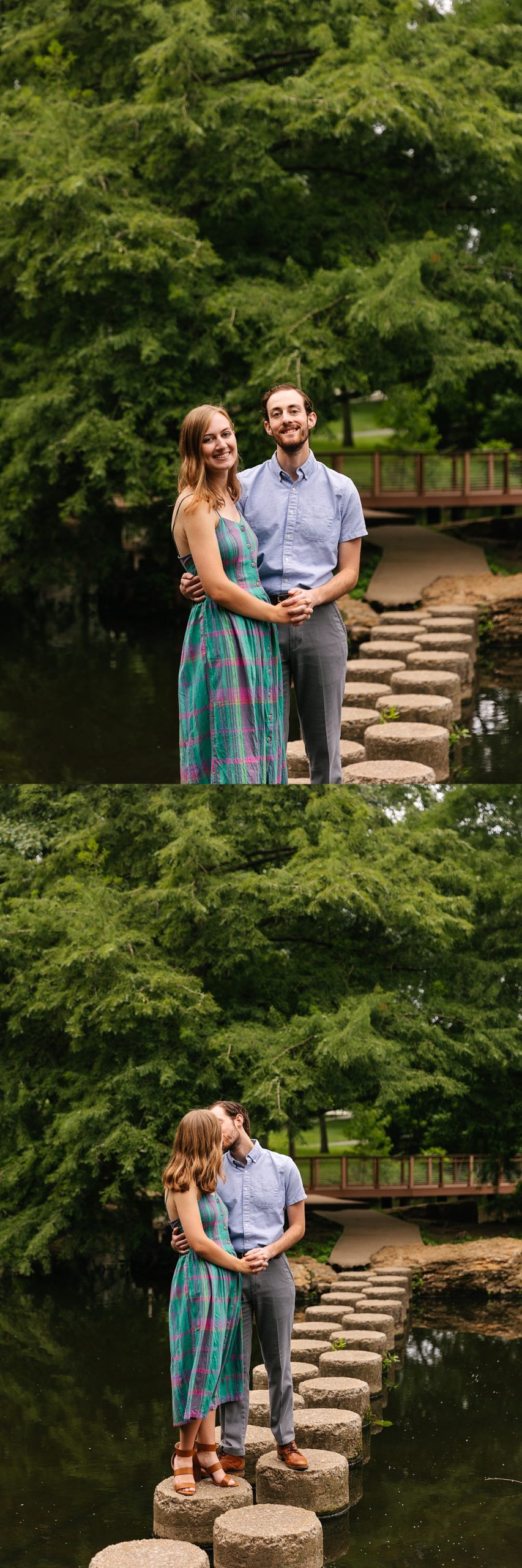 engaged couple standing on boardwalk at Antioch park engagement session 