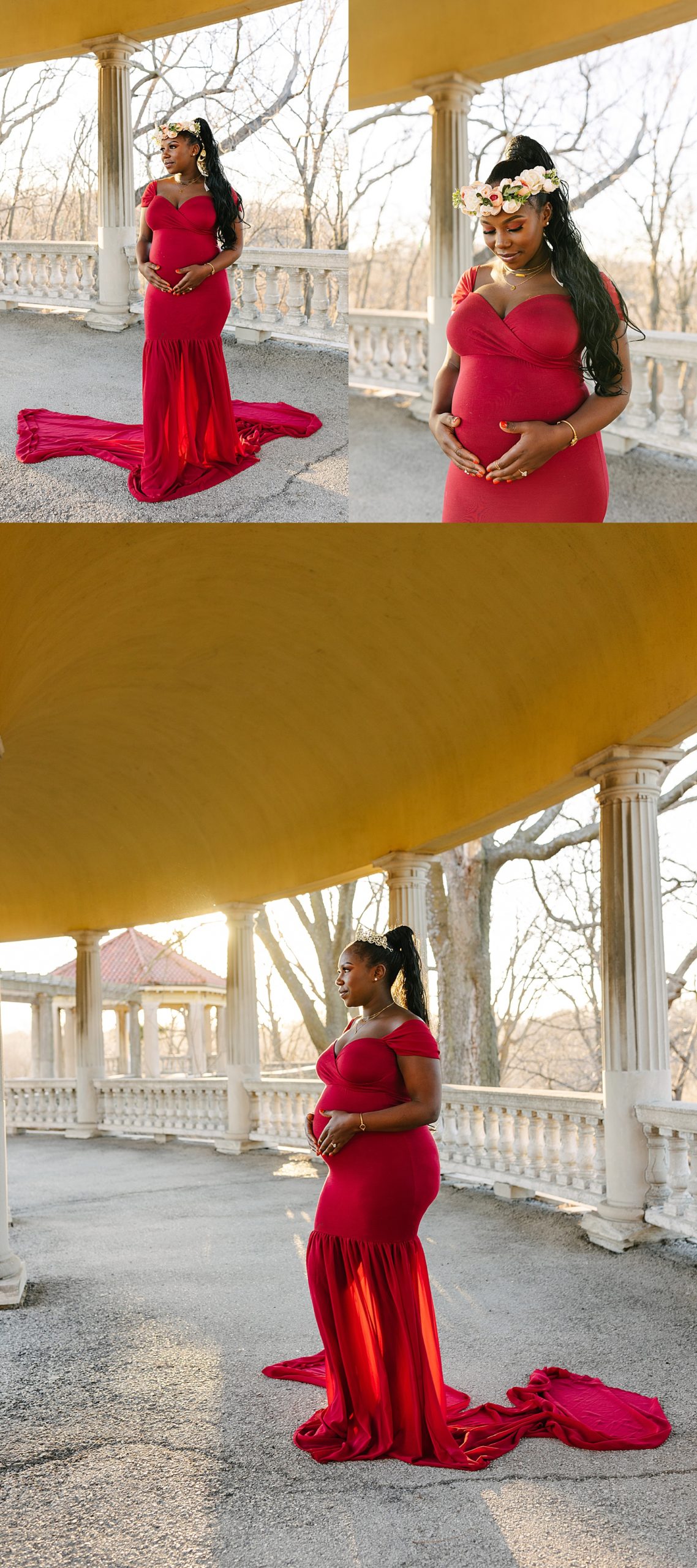 solo mom maternity photos wearing a floral crown and a long red maternity dress