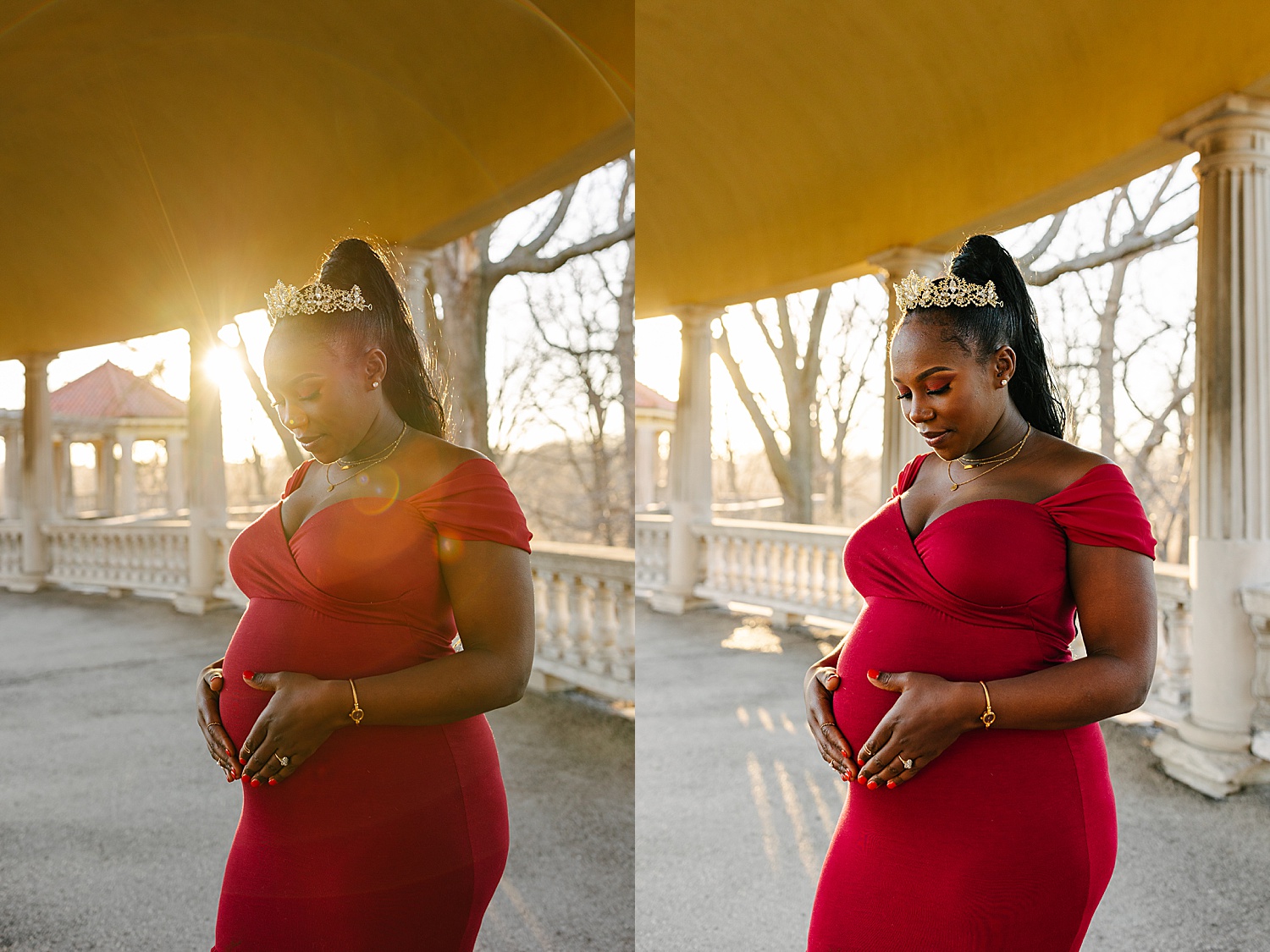 mom at sunset of maternity wearing gold crown and gold jewelry with red maternity dress