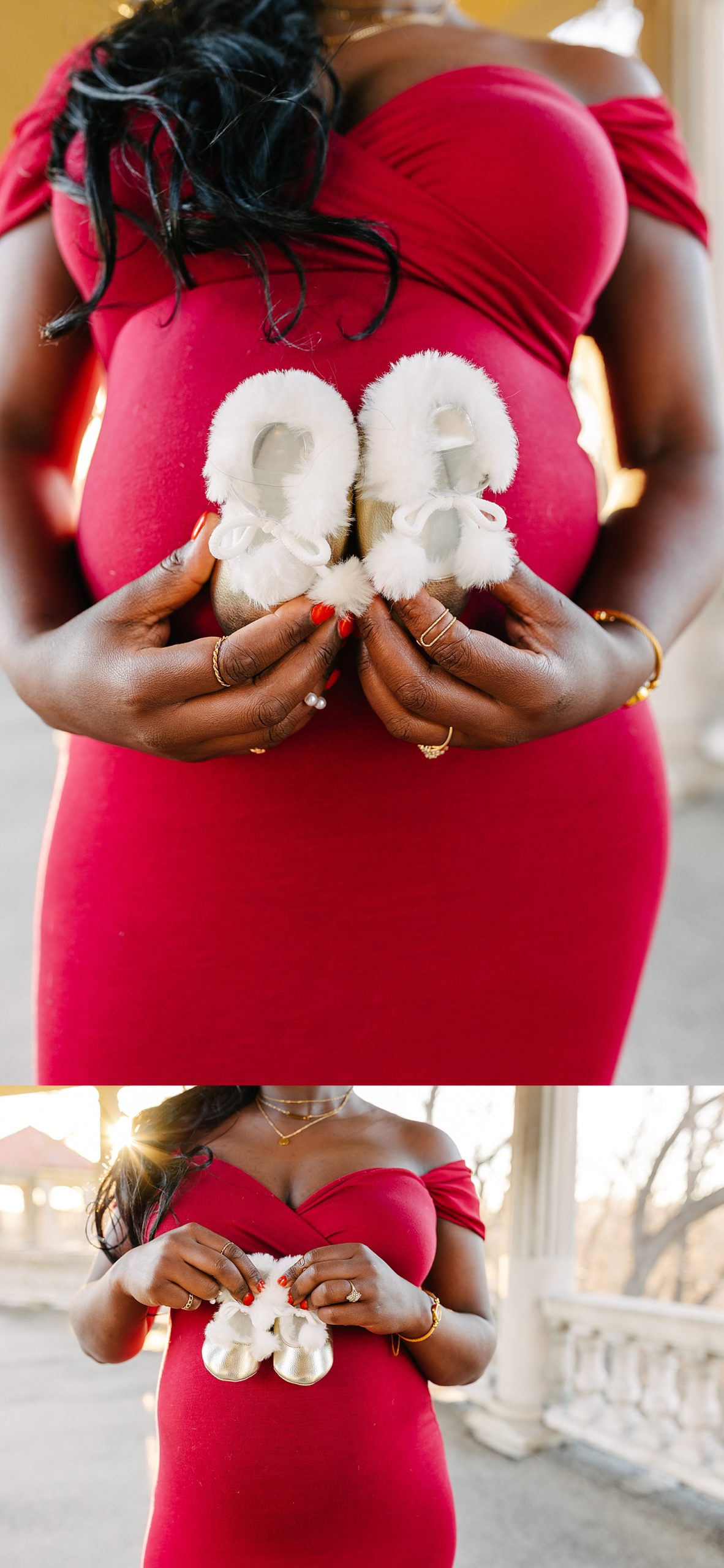small fuzzy baby shoes during maternity session with Kansas City photographer 