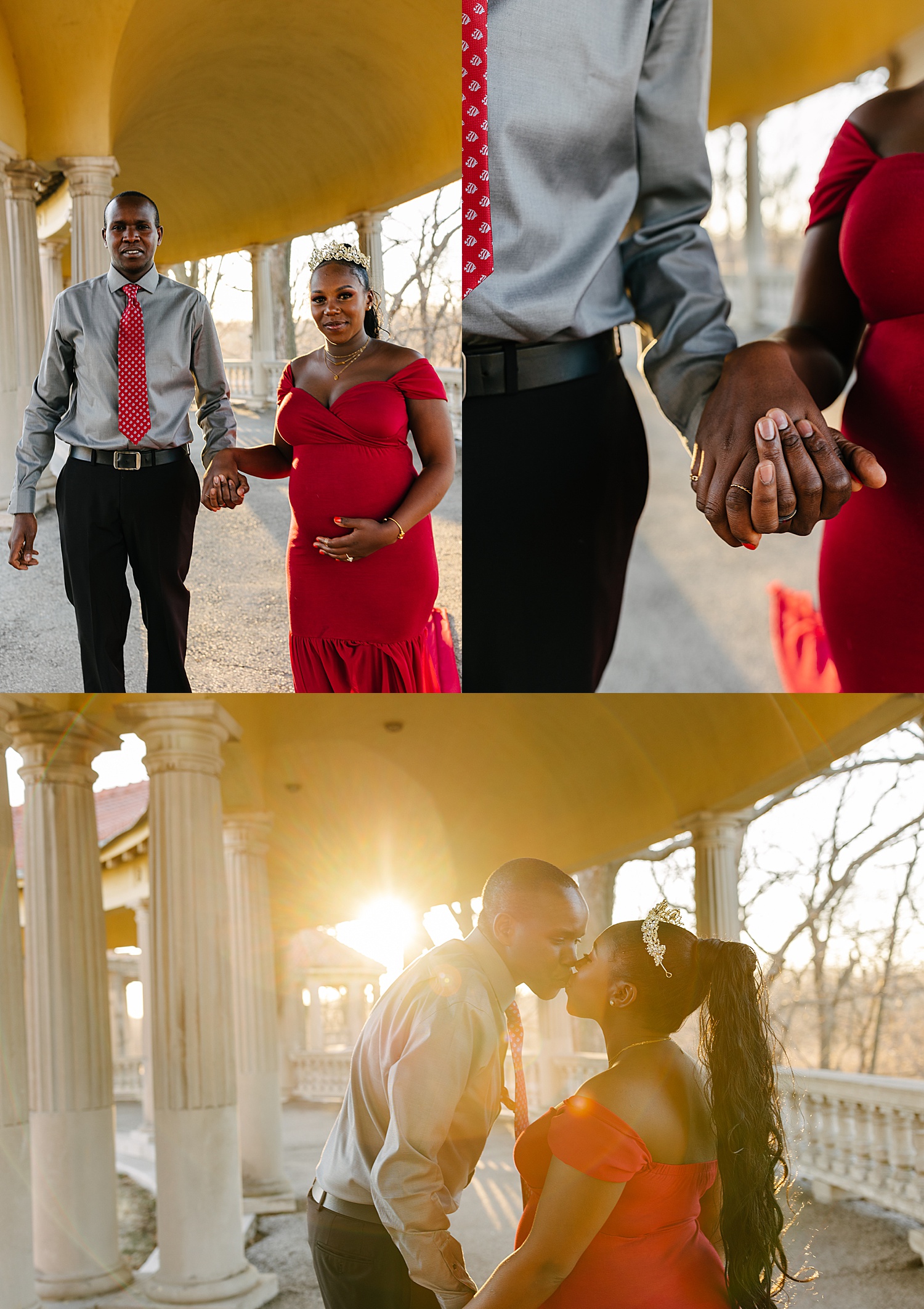 new mom and dad hold hands during maternity session wearing red accent colors