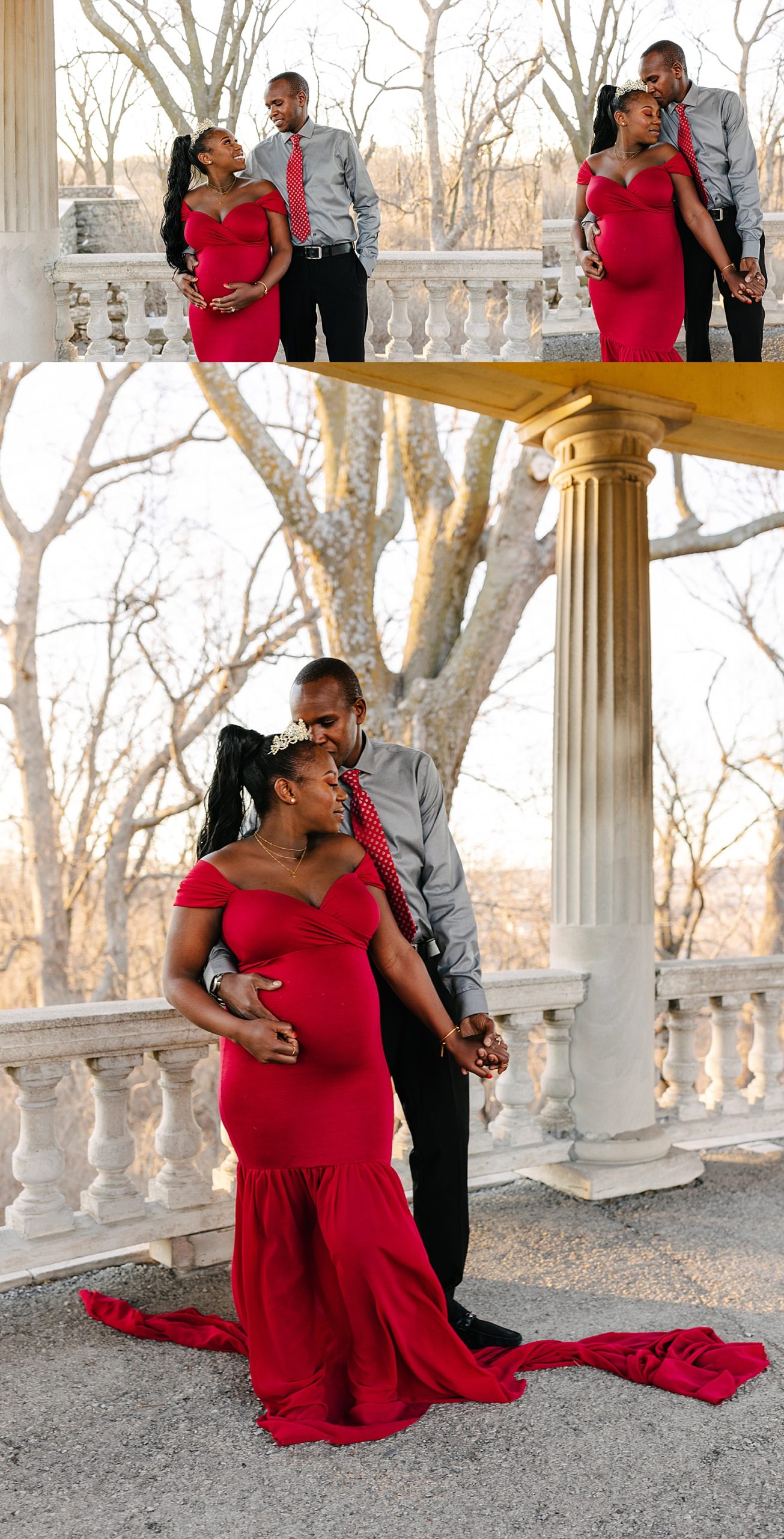 new mom wearing red maternity dress and crown wrapped in husbands arms 