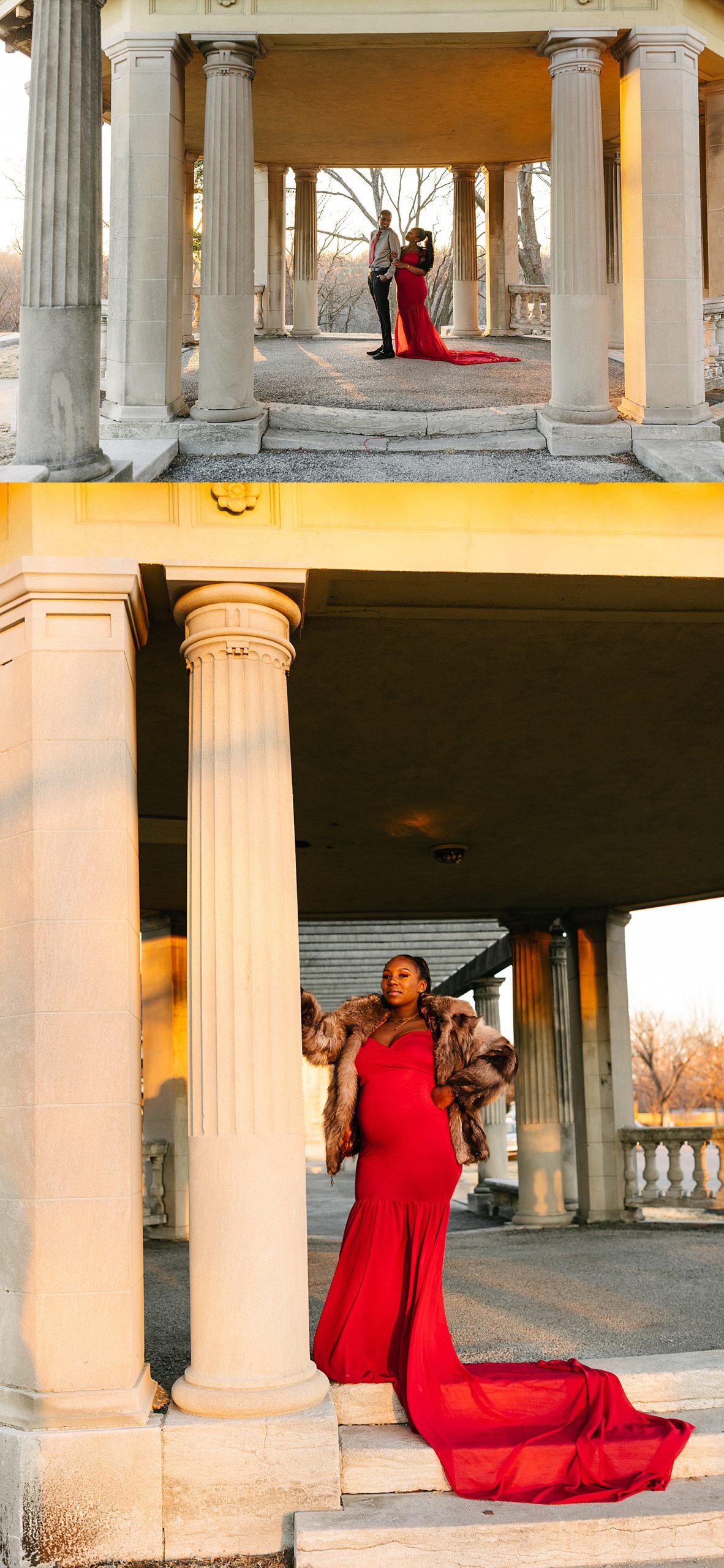 new mom at maternity session with Kansas City photographer during sunset wearing long red dress