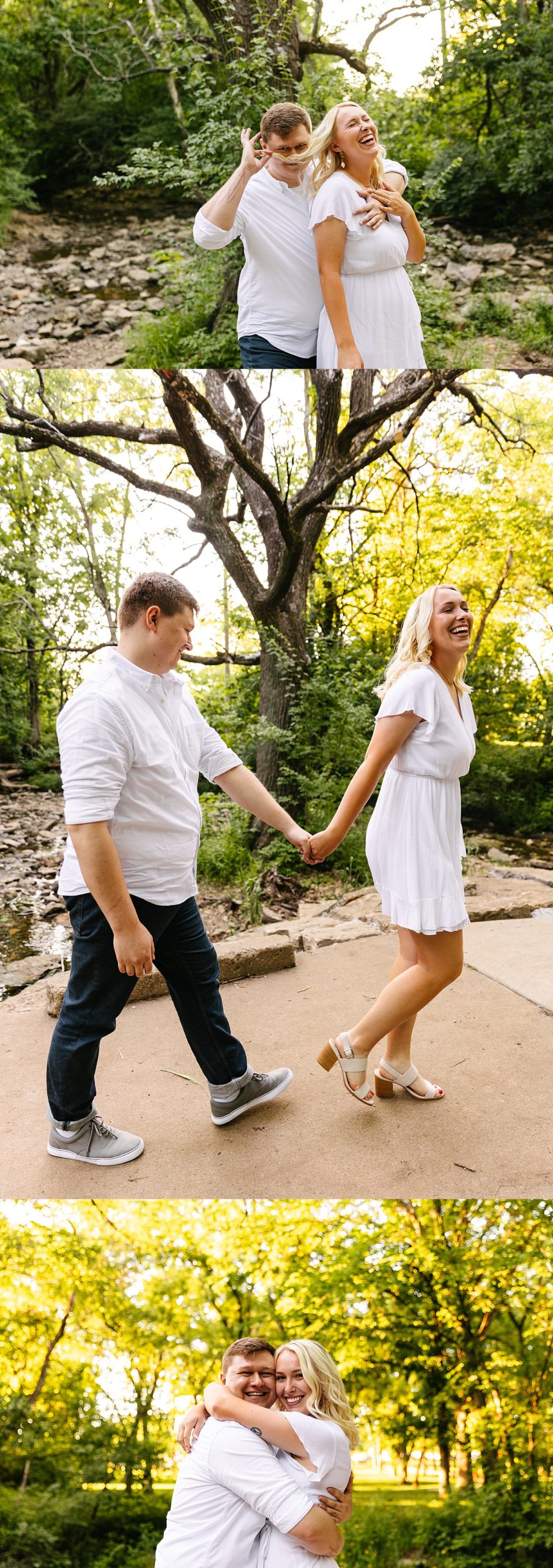 Newly engaged couple holding hands at Shawnee Mission Park engagement session with Kansas engagement photographer