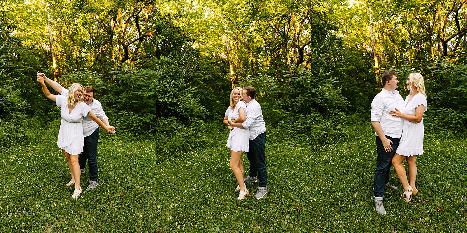 Engaged couple wearing high heels and short white mini dress dancing in a wild flower field