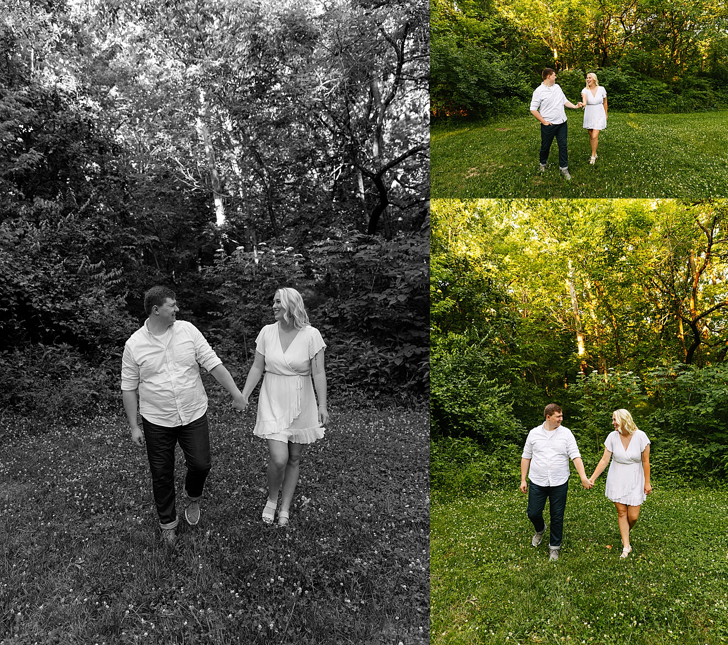 Newly engaged couple holding hands wearing white apparel with short nude heels and bluejeans