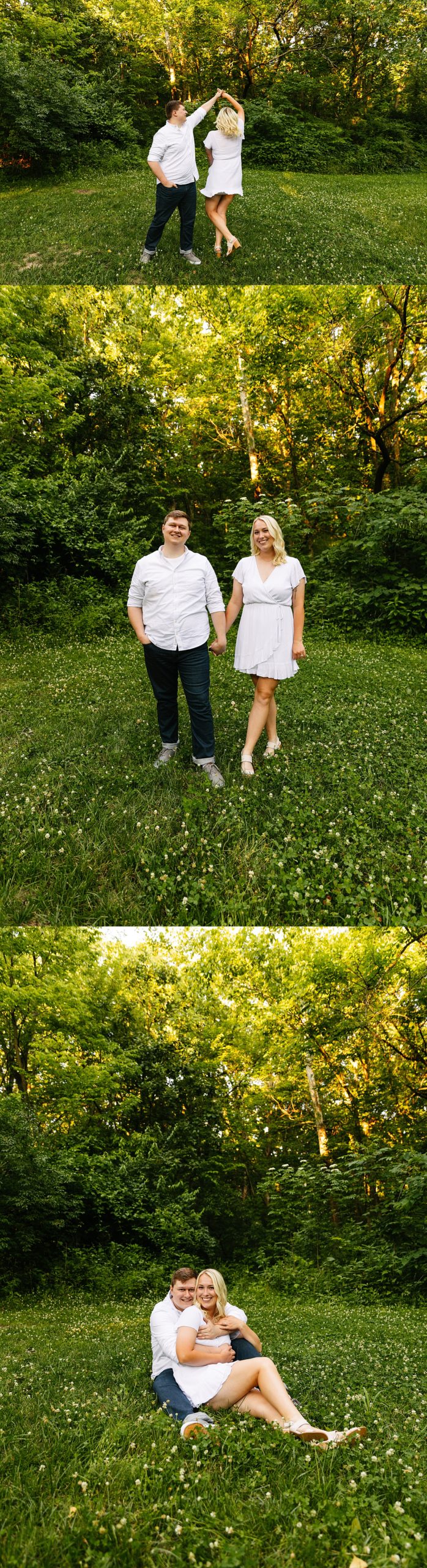 Newly engaged couple sitting in flower field at Shawnee Mission Park engagement shoot