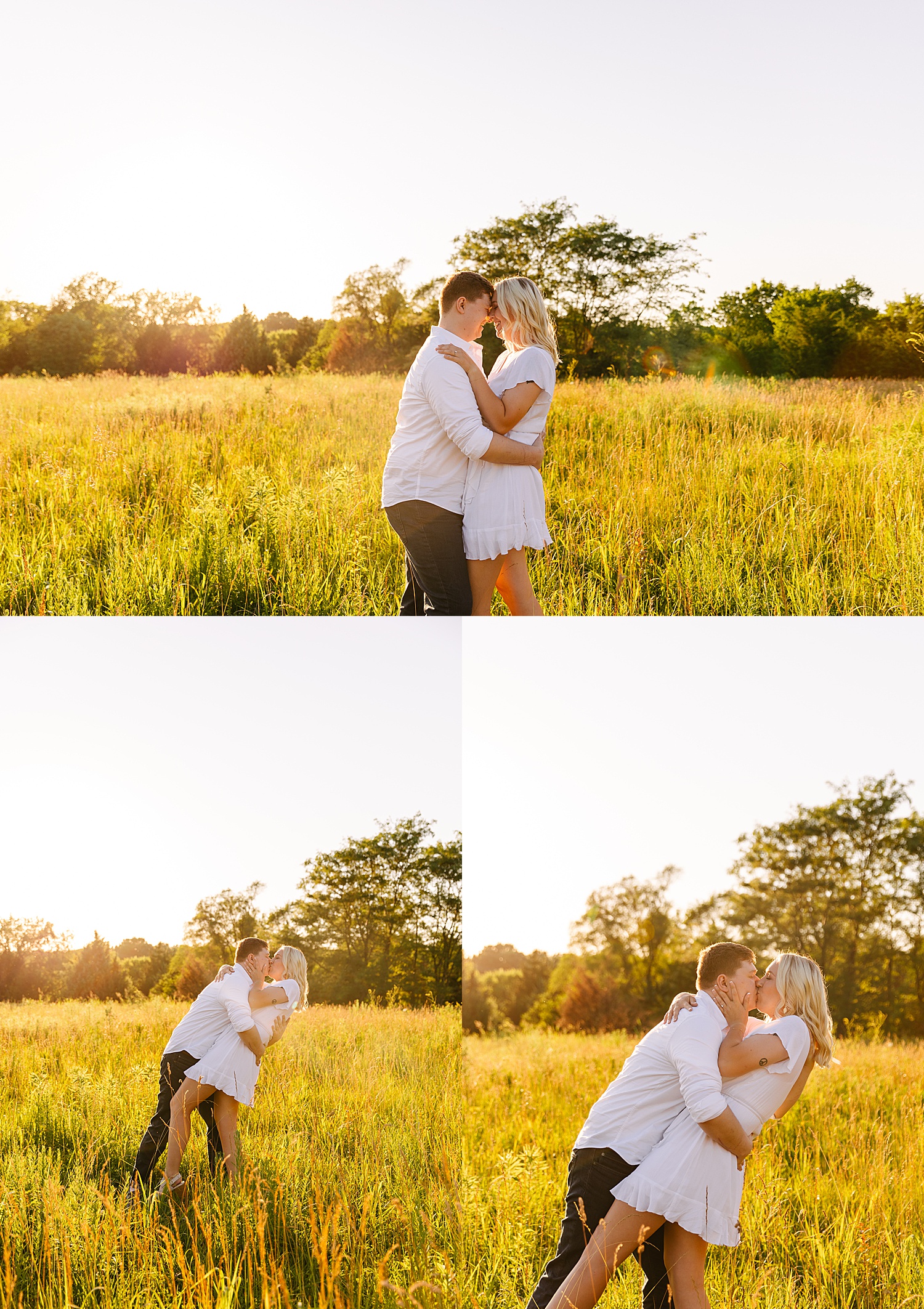 Newly engaged couple during sunset at Shawnee Mission Park engagement session