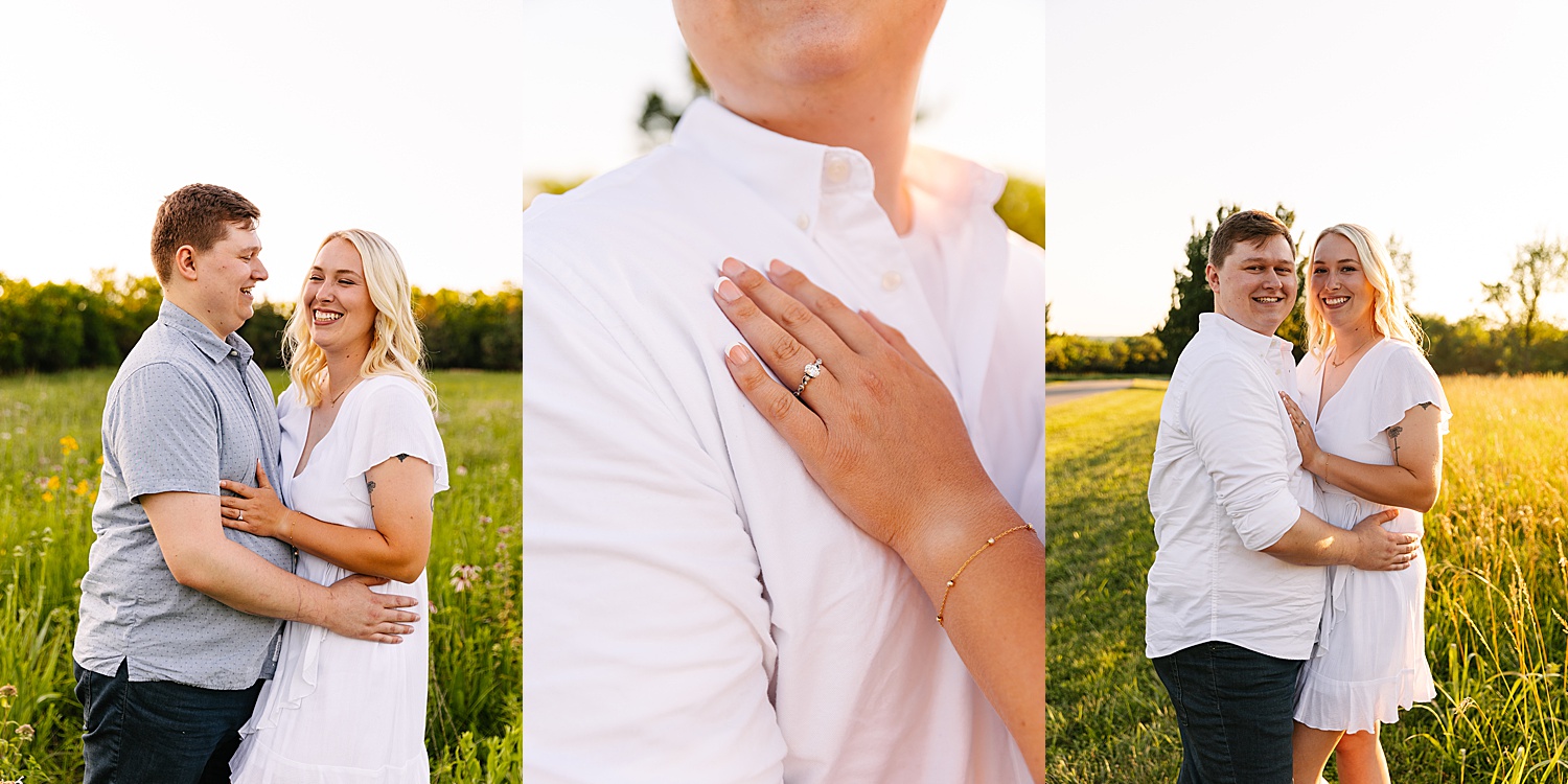 Engaged couple laughing while showing off engagement ring with Kansas engagement photographer