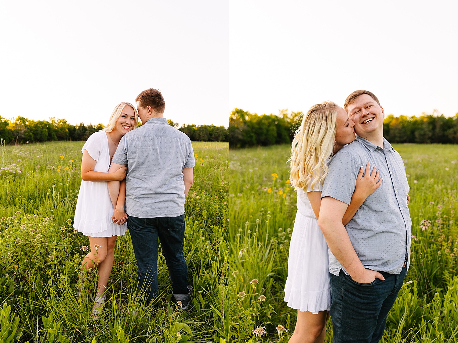 Blonde fiancé wearing white mini dress and new heels at Shawnee Mission Park engagement session