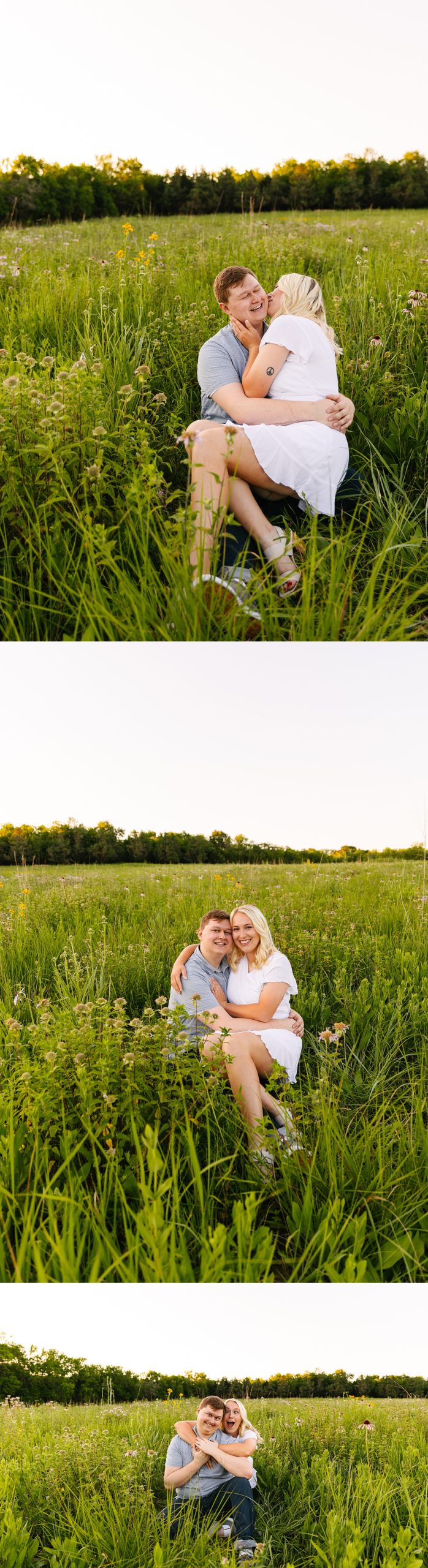 Tattooed engaged couple sitting in wild flower field during Shawnee Mission Park engagement session