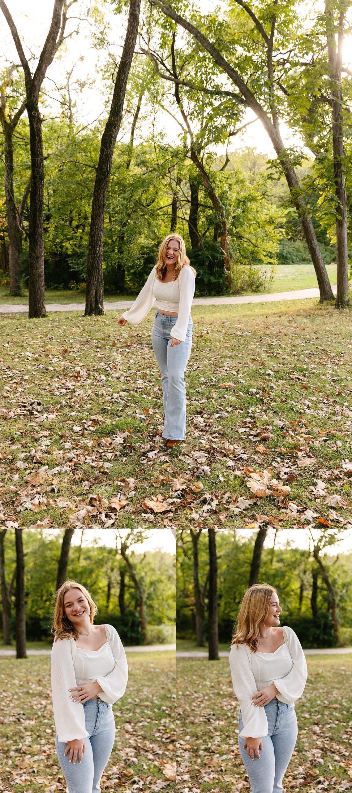 Senior girl wearing jeans and a dressy white shirt during fall senior session 