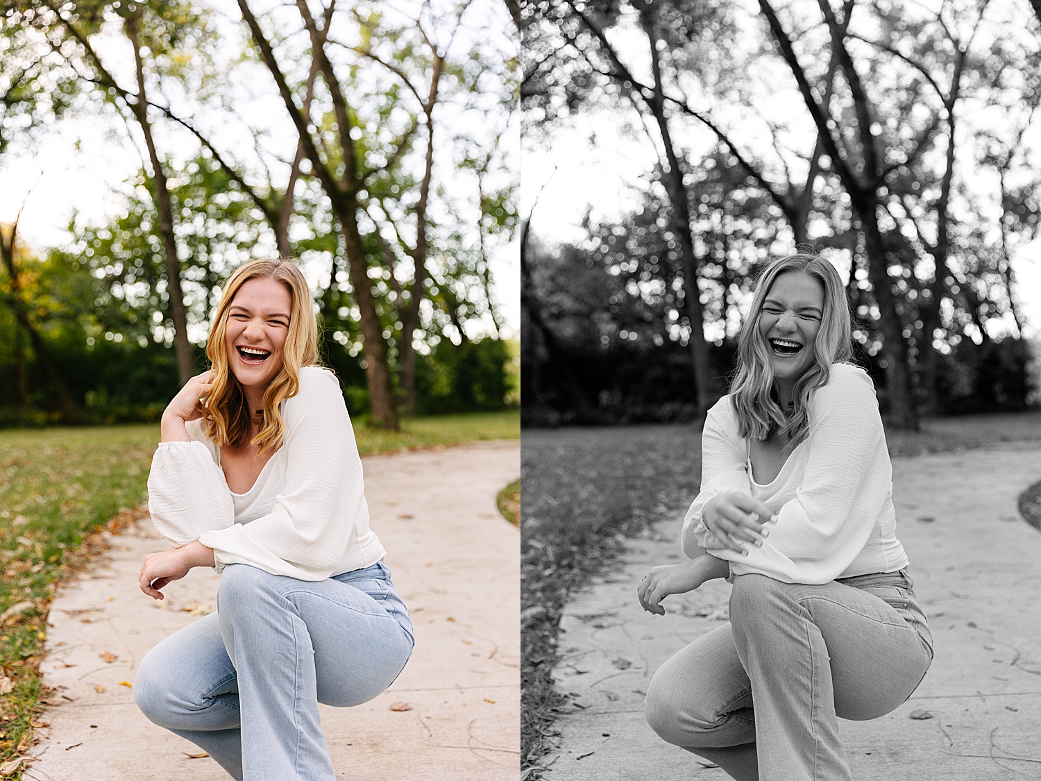 Senior girl laughing during session while wearing jeans and a white long sleeve shirt 