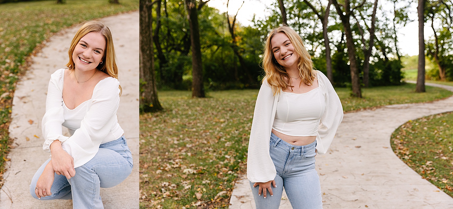 Senior girl smiling during the fall at Shawnee mission park 