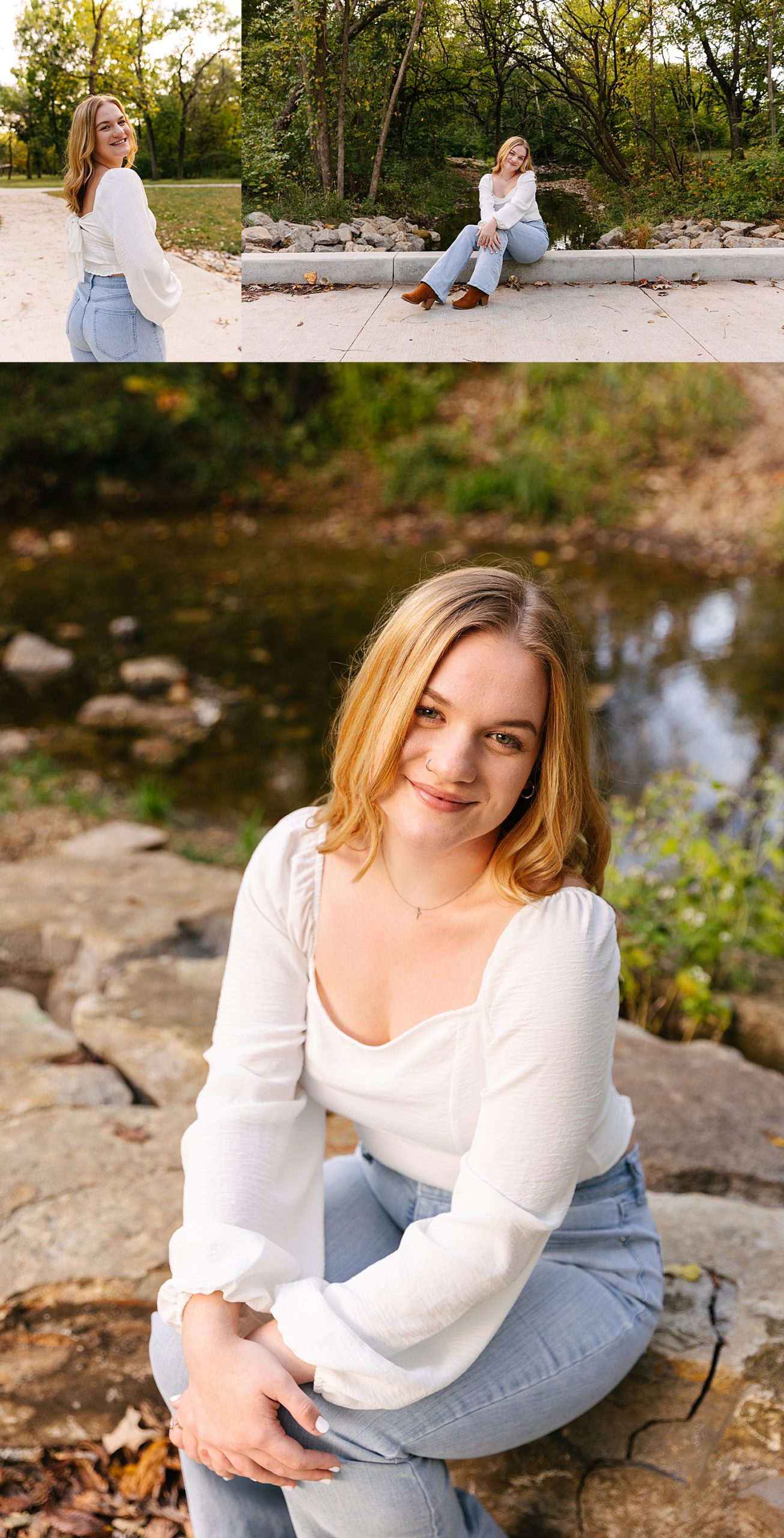 Blonde girl sitting by water during fall senior session 