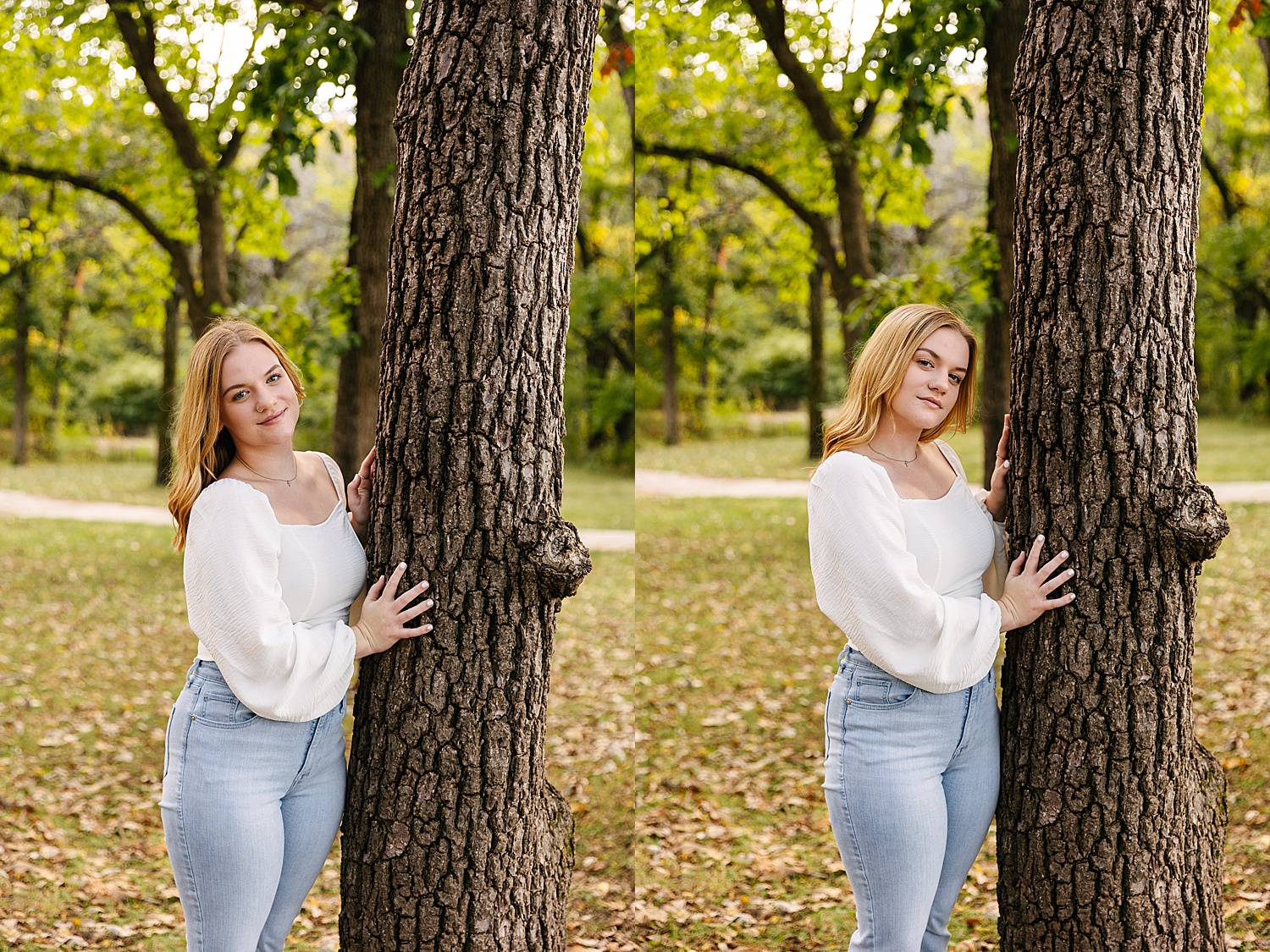 Senior girl standing next to tree with Kansas senior photographer