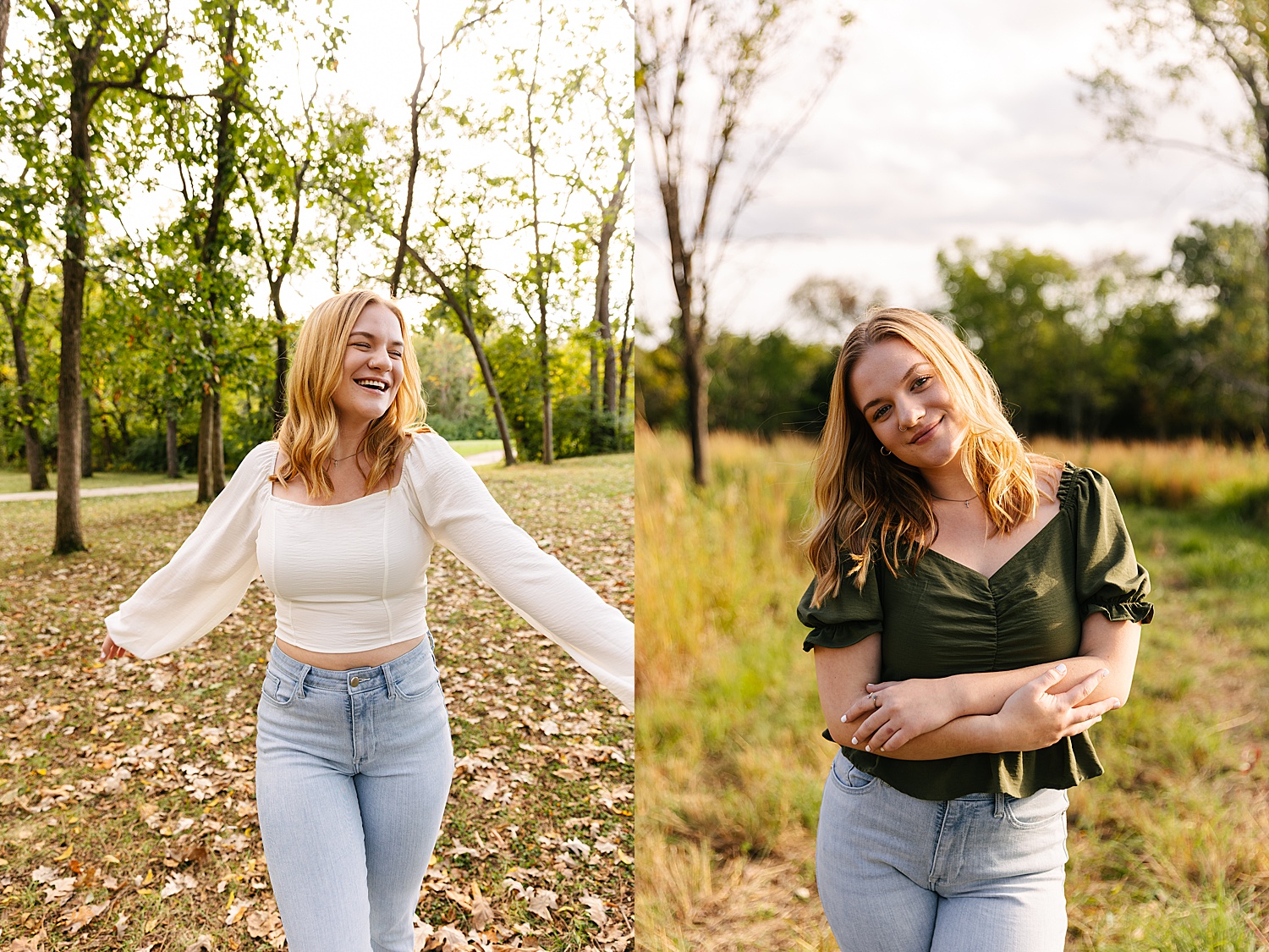 Senior girl stand in grass field during sunset at fall senior session 