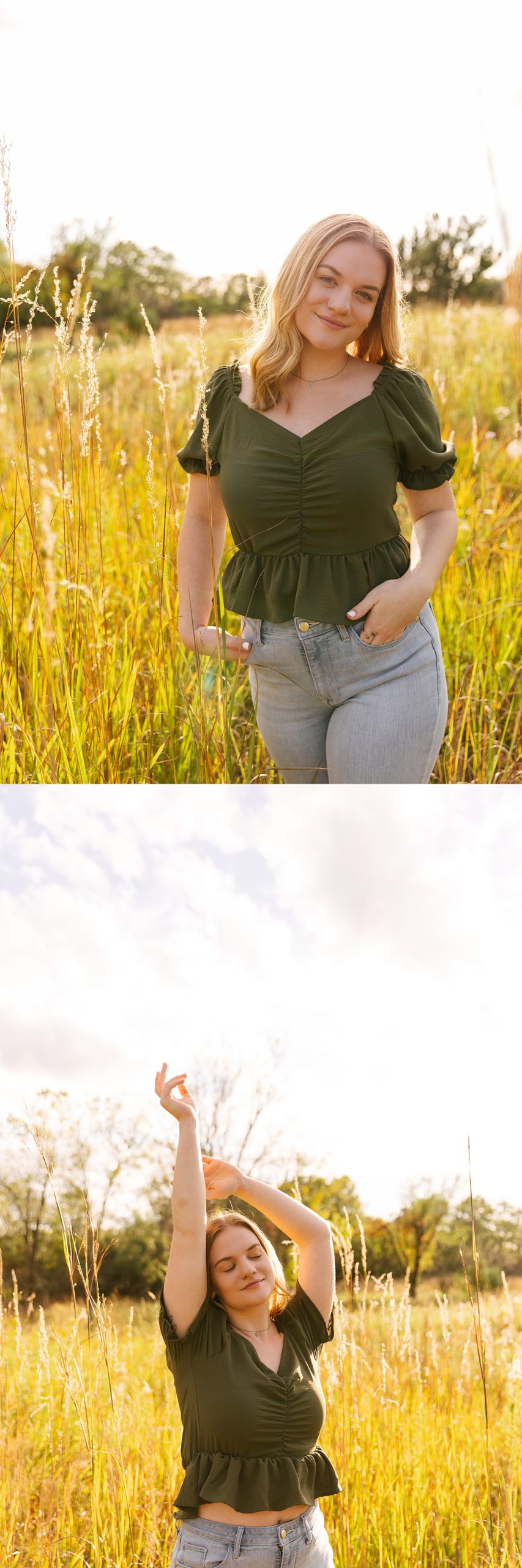Senior girl standing in grass field during sunset wearing short sleeve shirt and jeans 