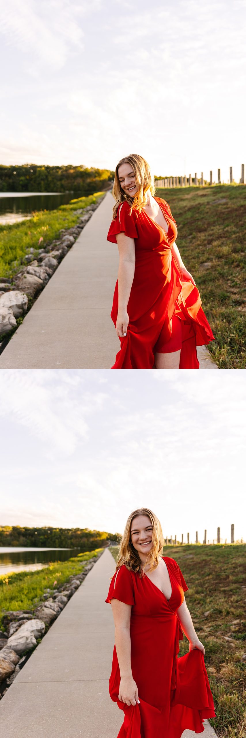 Girl wearing long red dress next to lake at Shawnee mission park