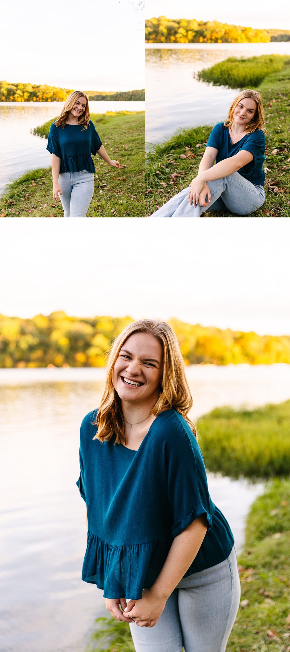 Senior girl soft smiling sitting next to lake at sunset during fall senior session 