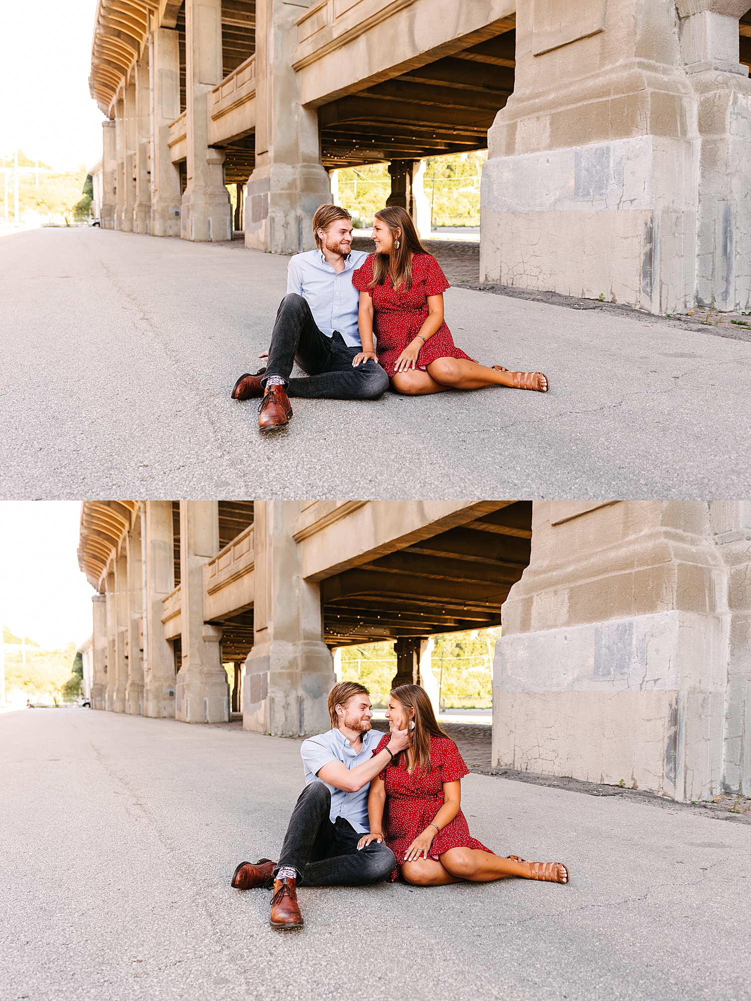 Sitting at West bottoms Summer engagement session with Kansas City engagement photographer