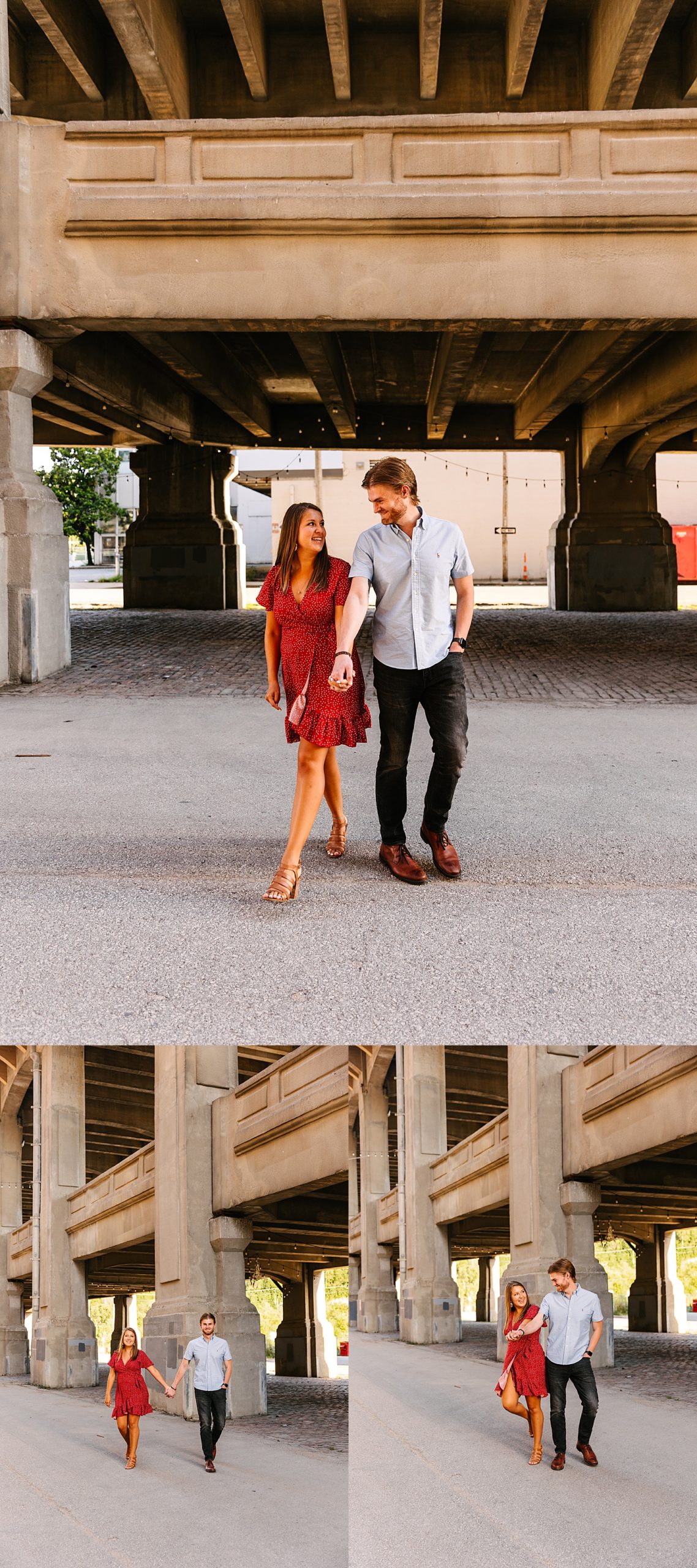 Engaged couple holding hands walking the streets of Kansas City during Westbottoms engagement session
