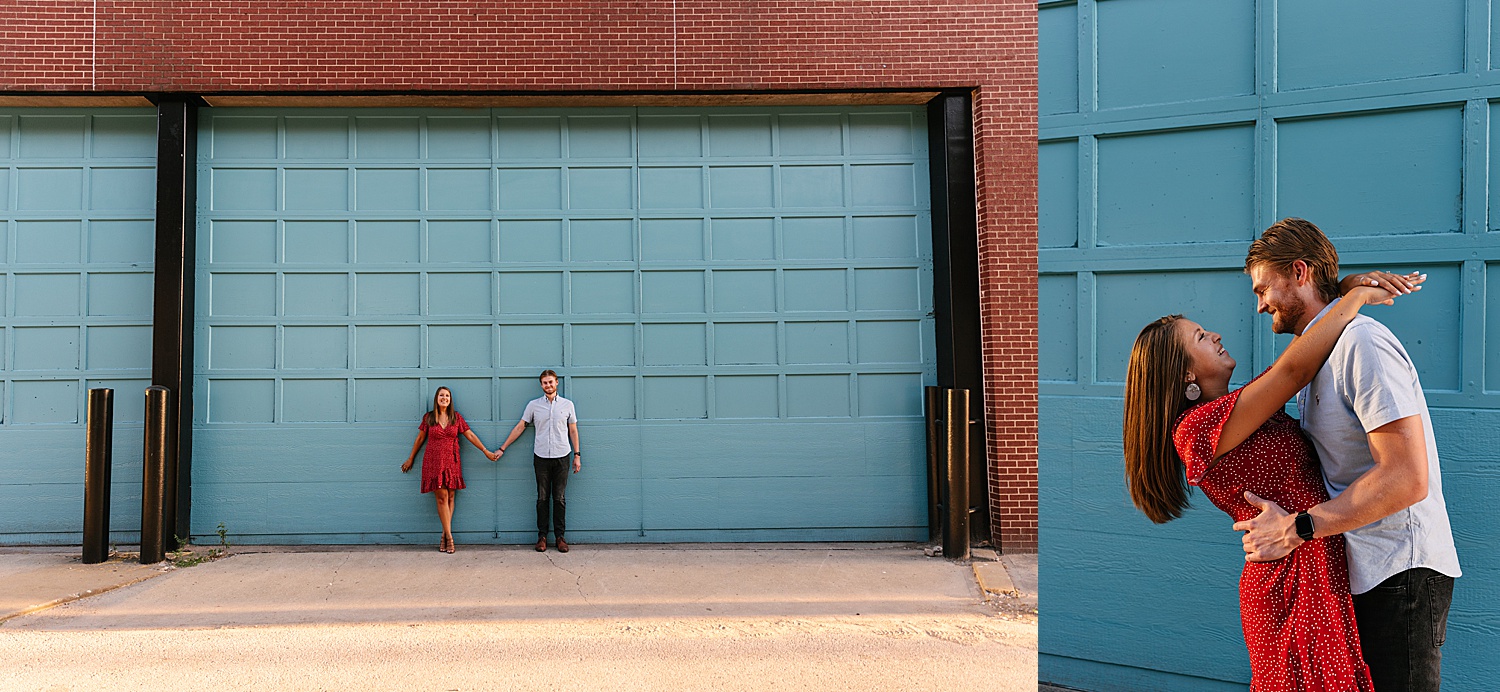 Couple holding hands and walking the streets of Kansas City during engagement session