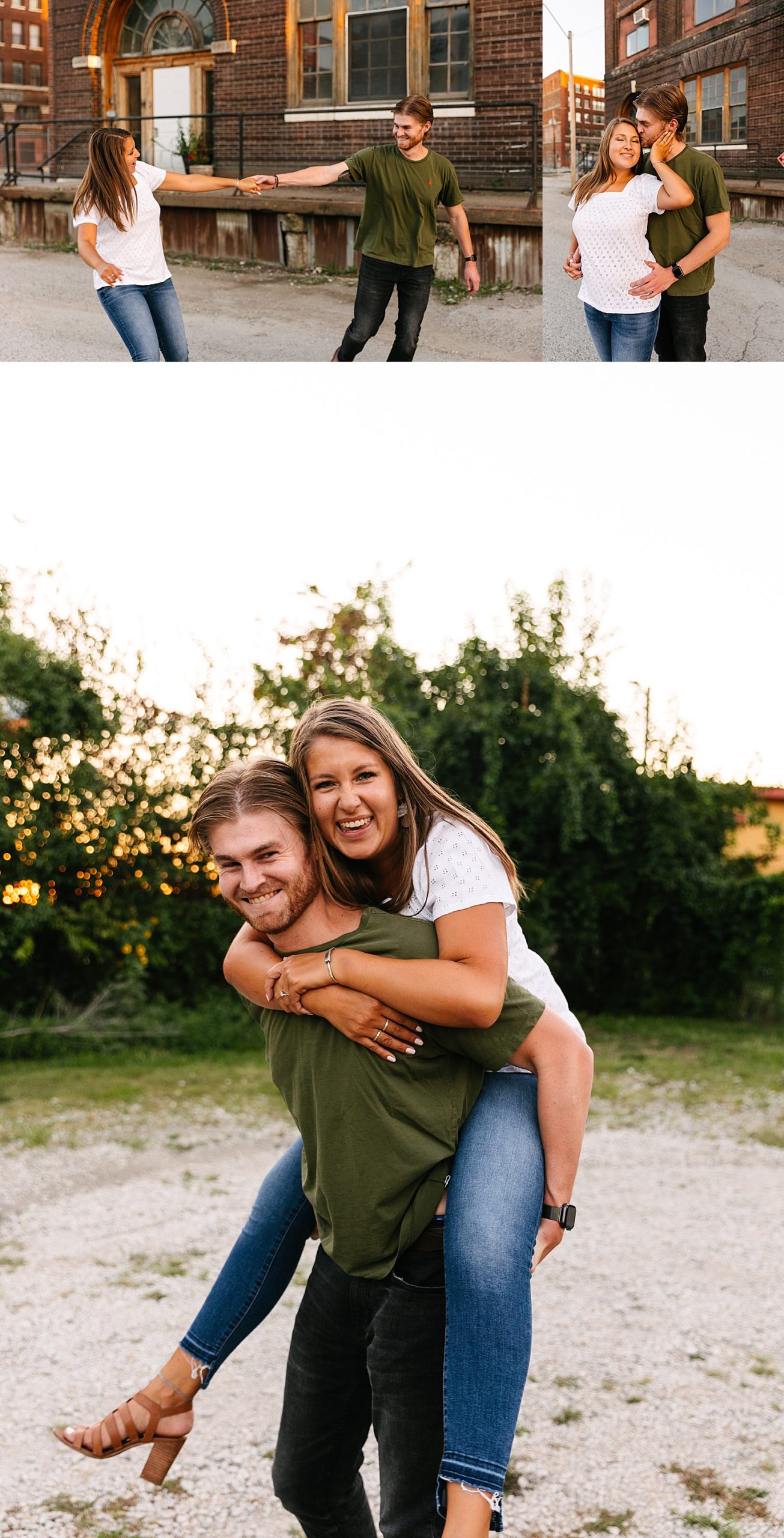 Piggy back ride with engage couple during sunset in Kansas City