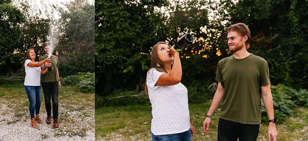 Engaged couple popping bottle of champagne at Westbottoms engagement session wearing jeans and T-shirts
