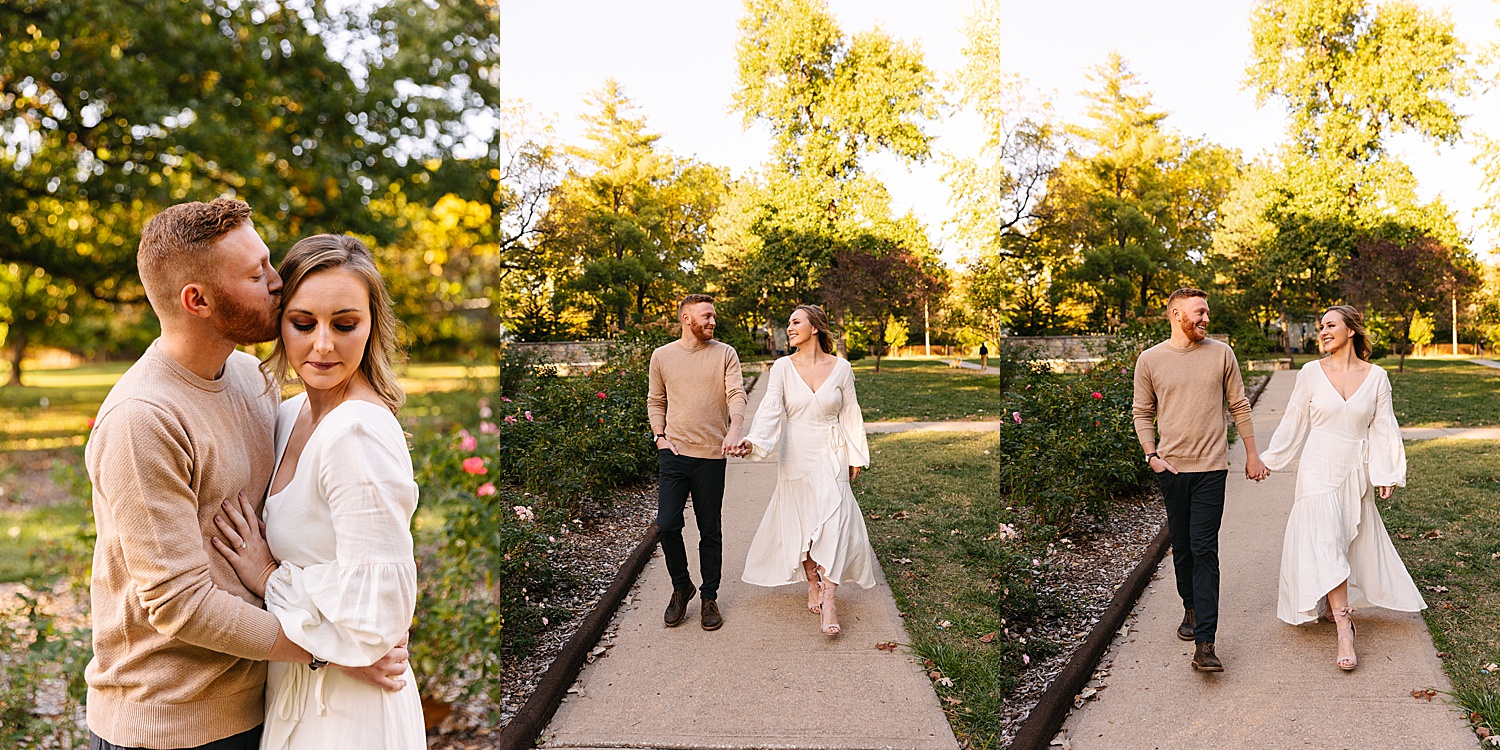 Newly engaged couple wearing white dress in blue jeans for fall engagement session