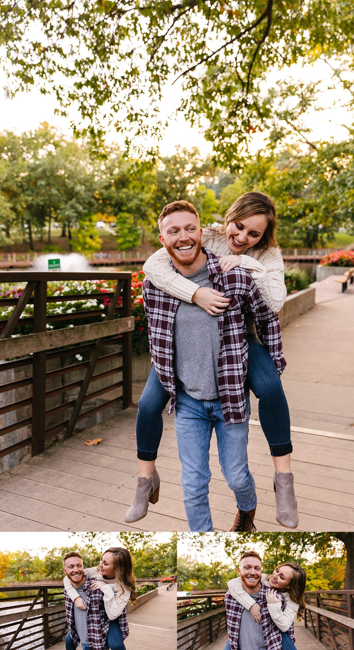 Newly engaged couple walking across the bridge wearing flannel and sweater during fall engagement session