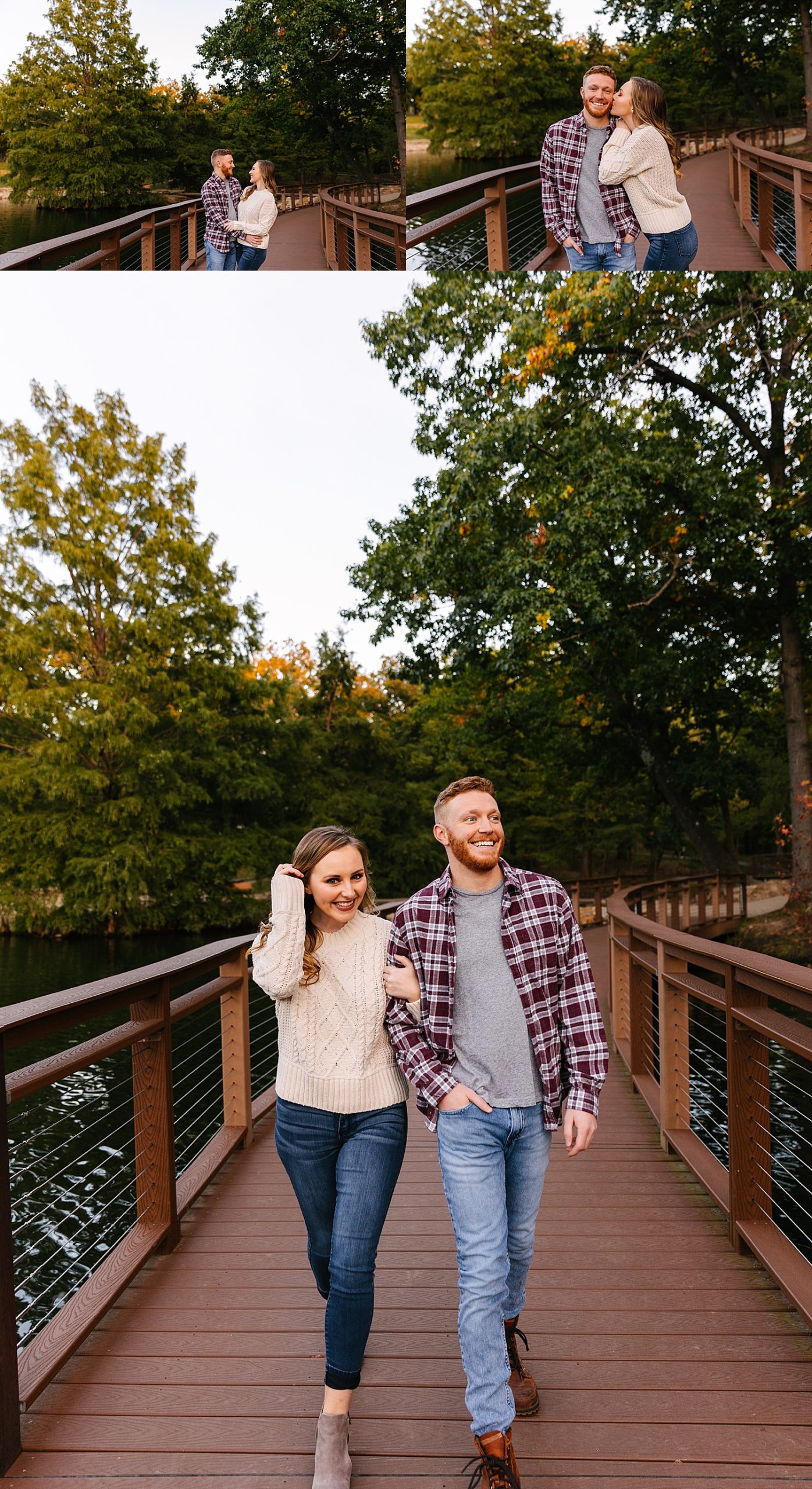 Fall engagement session in Kansas City at Park walking across bridge with couple