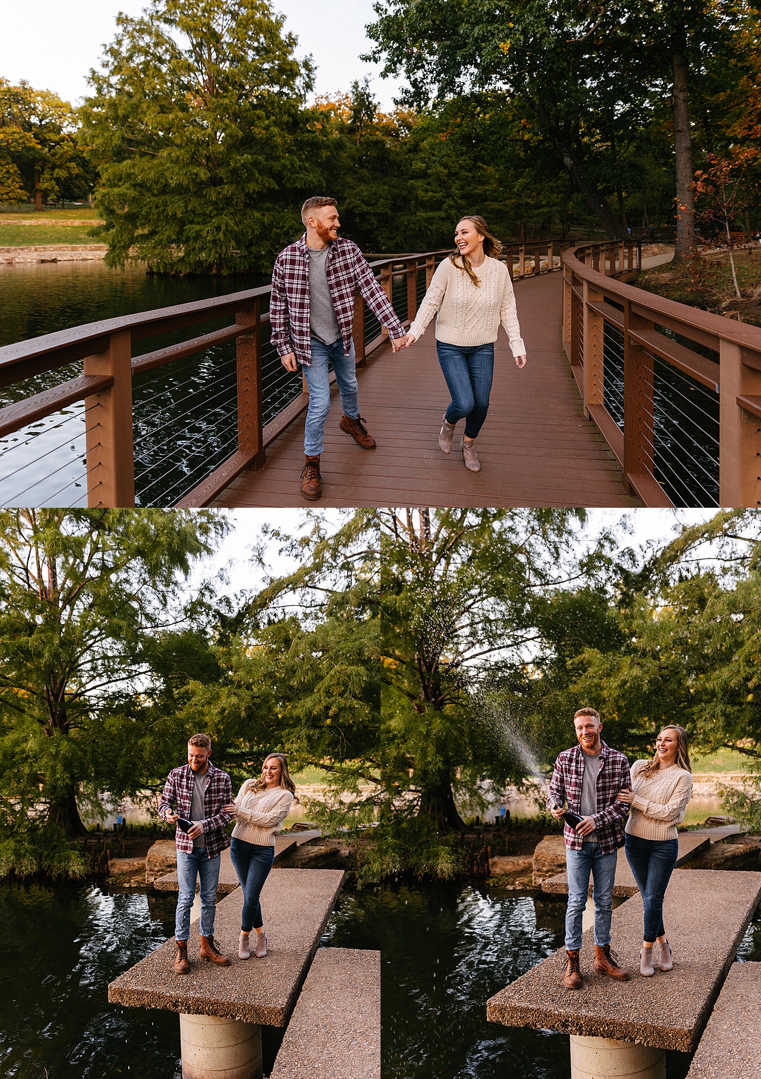 Engaged couple popping bottle of champagne over river in Kansas City Park