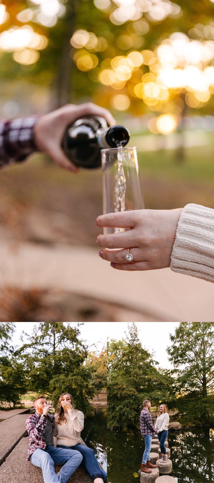 couple drinks champagne at the end of fall engagement session