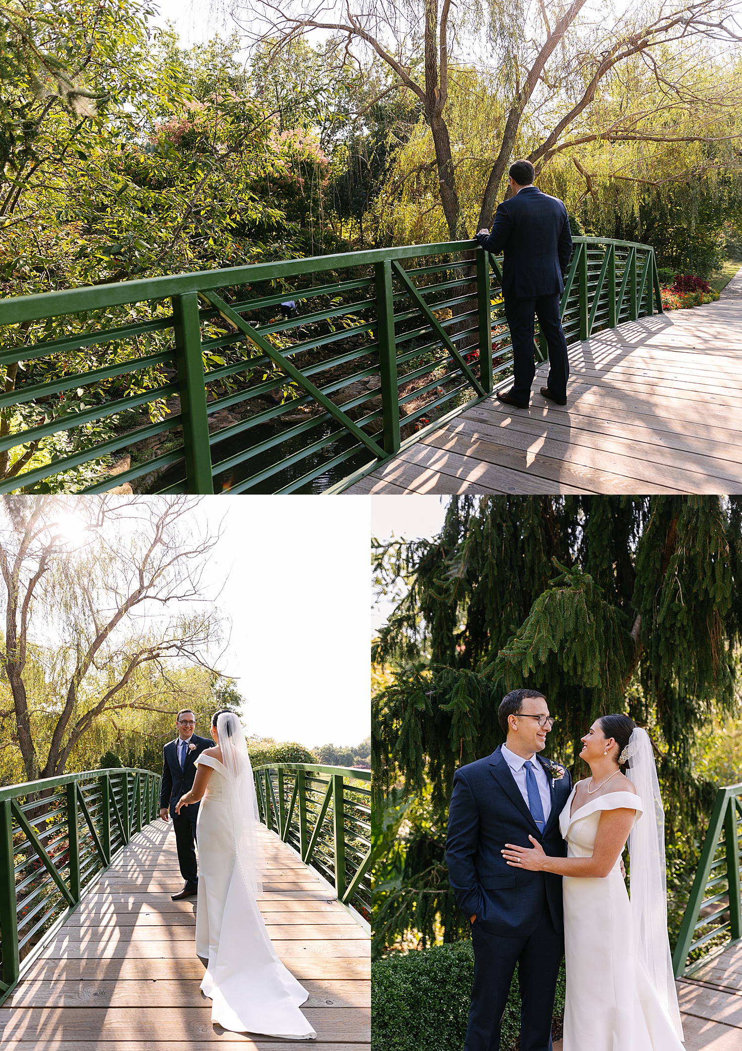 Bride and groom share first look with one another on bridge at Overland Park Arboretum