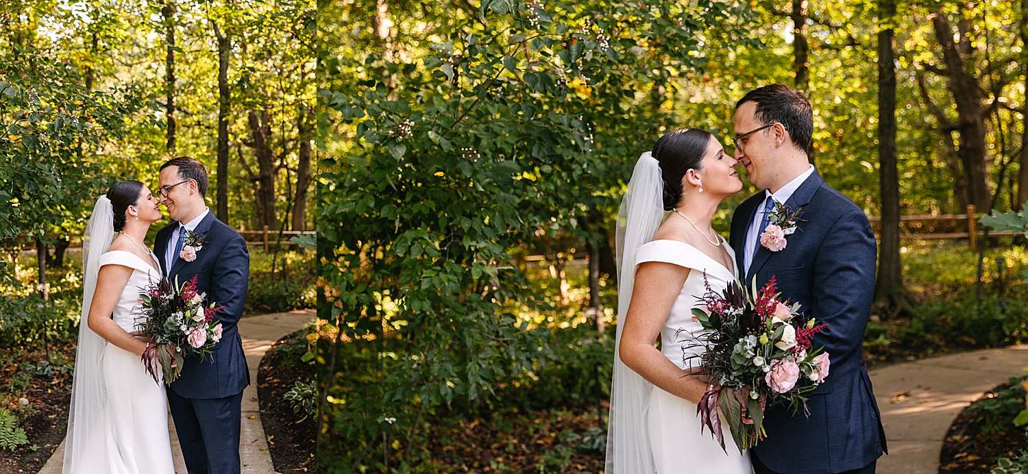Bride and groom during first look walking pathway at Overland Park Arboretum in Kansas City