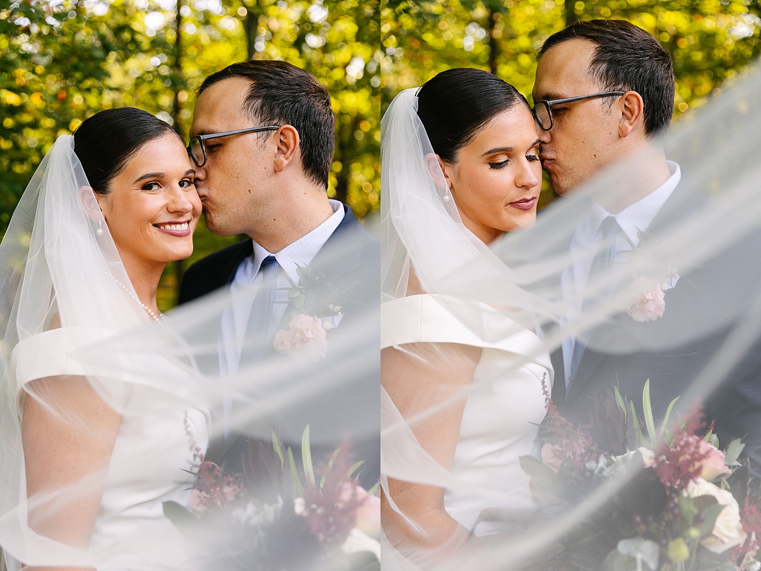 Bride uses long vail with Kansas City wedding photographer