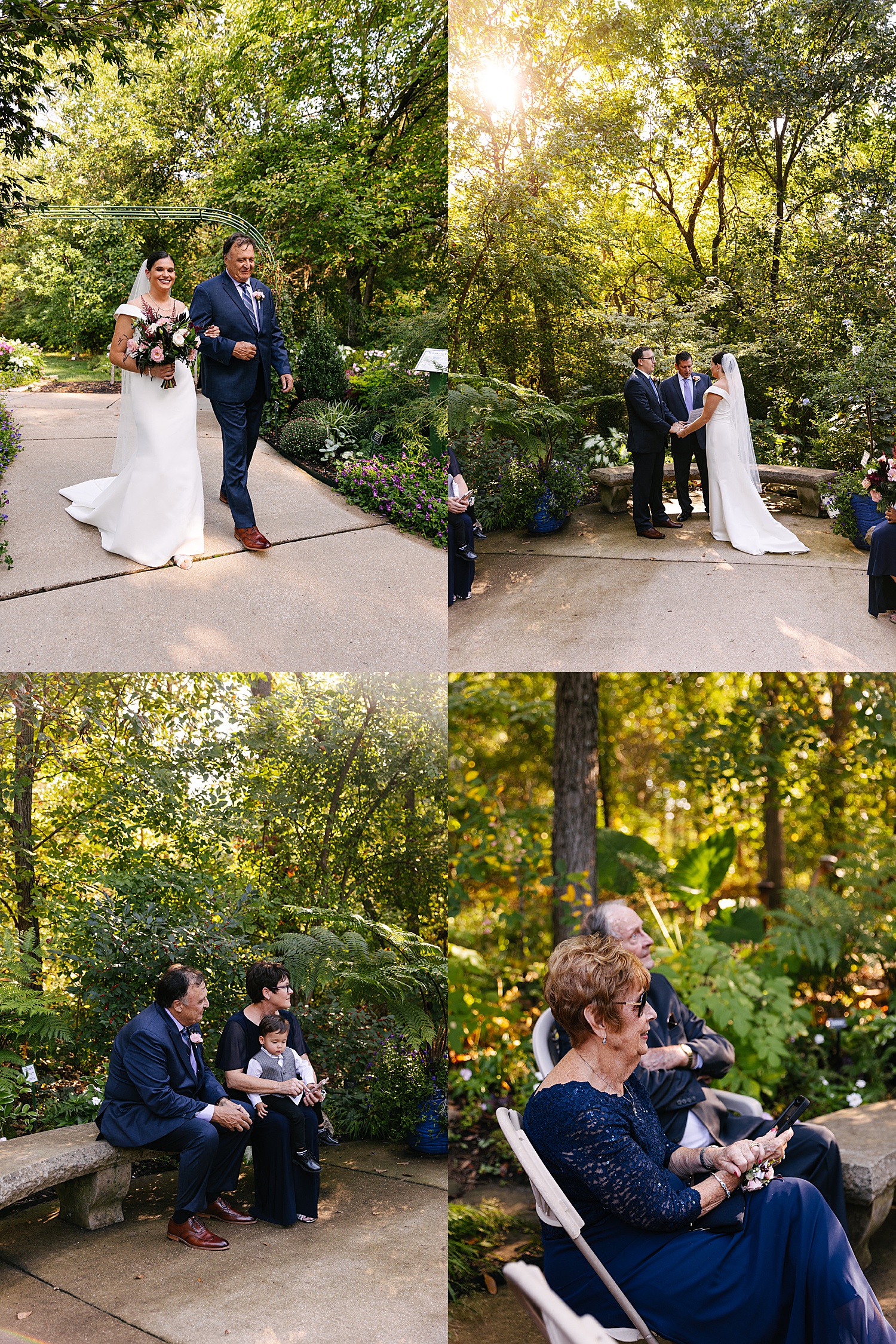 Father of bride walks daughter down the aisle during wedding ceremony at Overland Park Arboretum