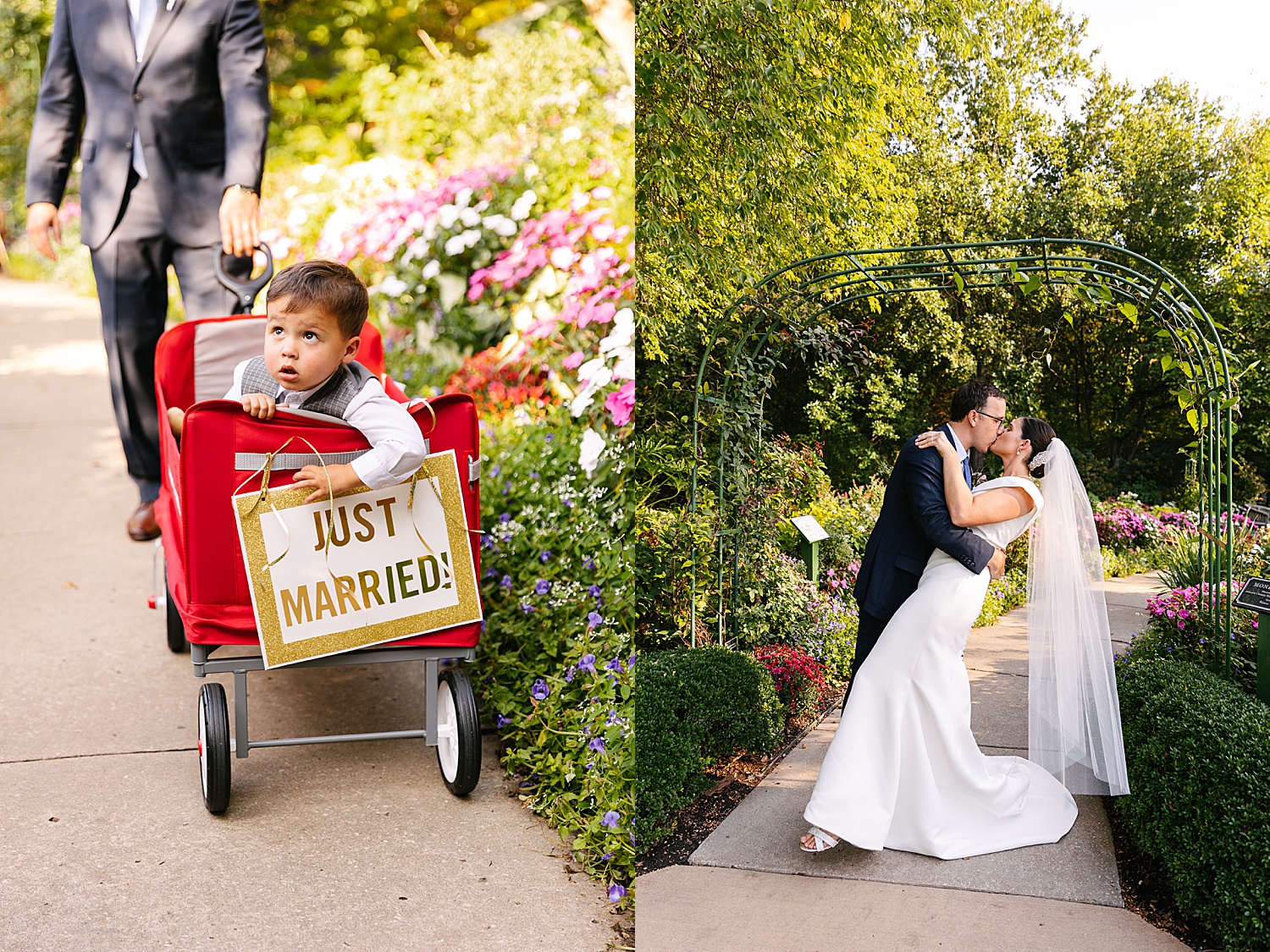Bride and groom have just married ring bearer in wagon at wedding ceremony