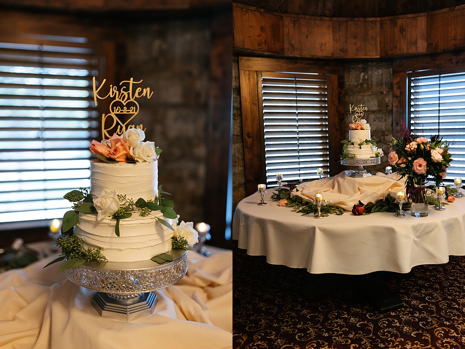 Wedding cake with name topper and white and green florals to accent dessert table