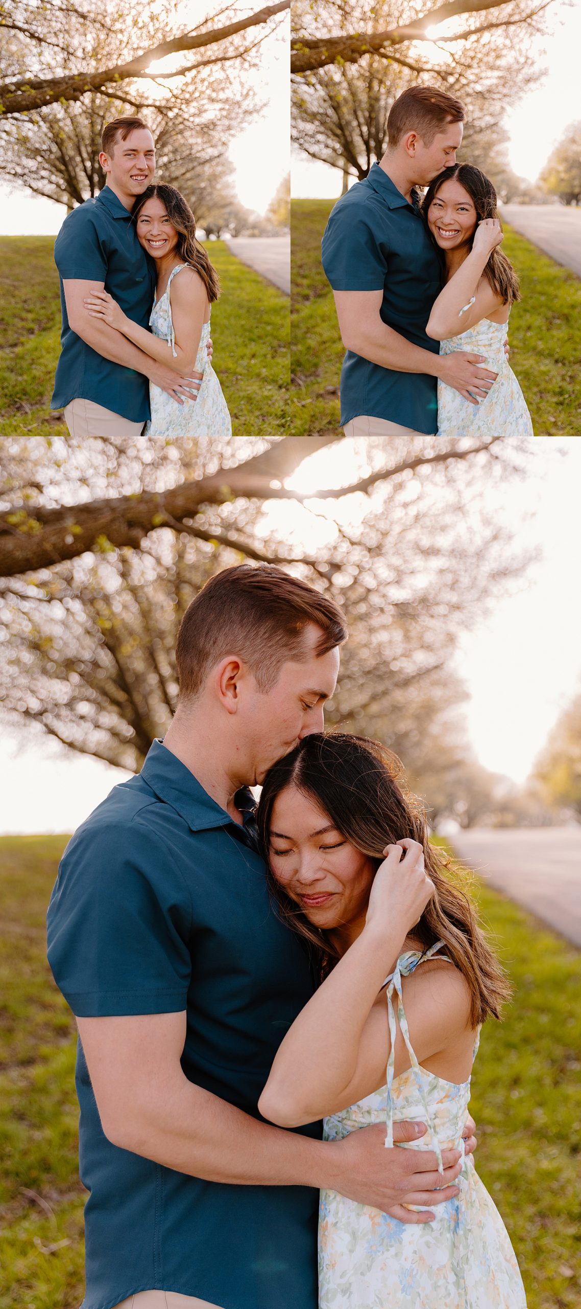 hugging during session with Kansas City couples photographer wearing white dress 